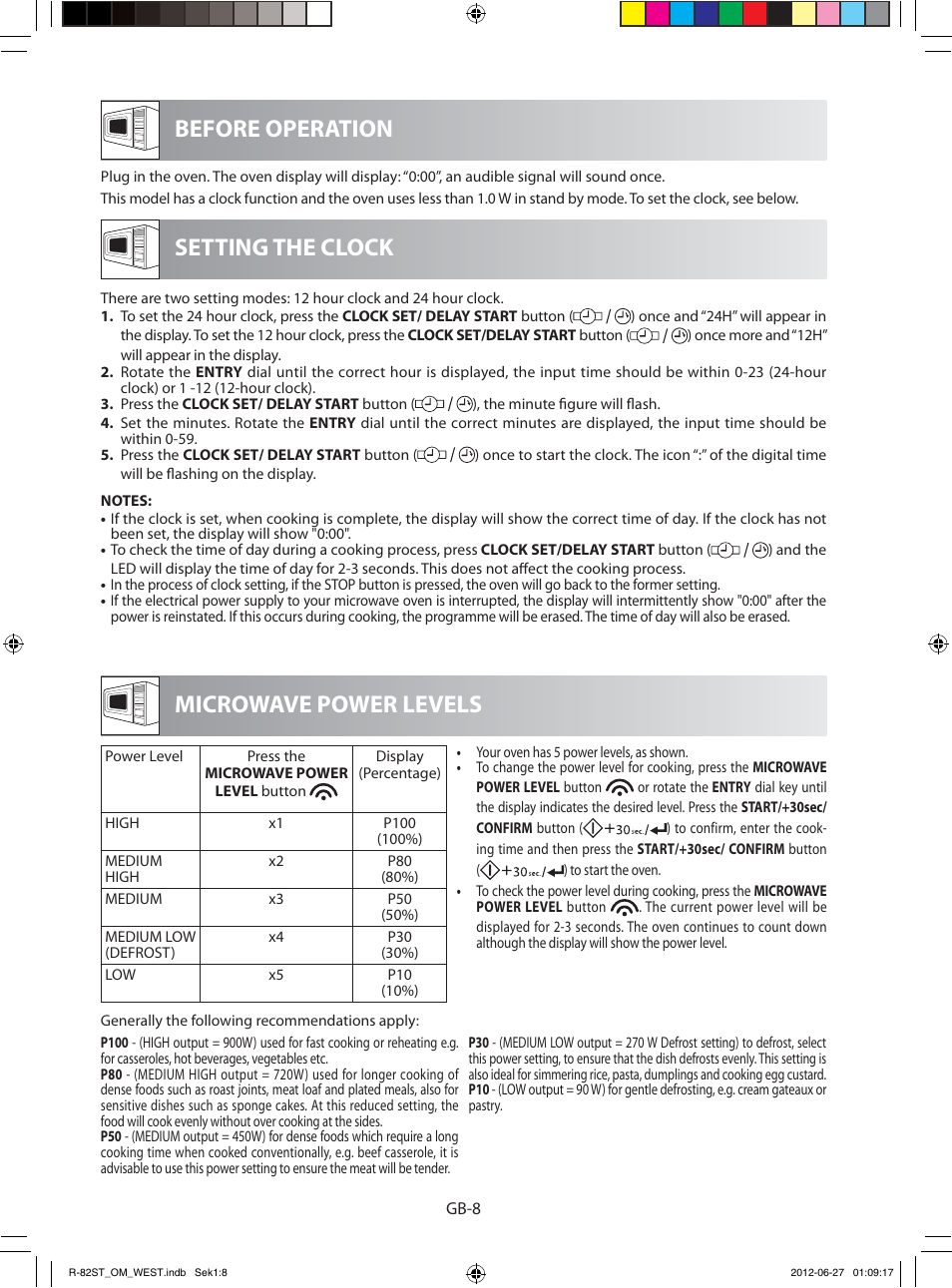 Before operation microwave power levels, Setting the clock | Sharp R-82STW Four à micro-ondes combiné User Manual | Page 170 / 180