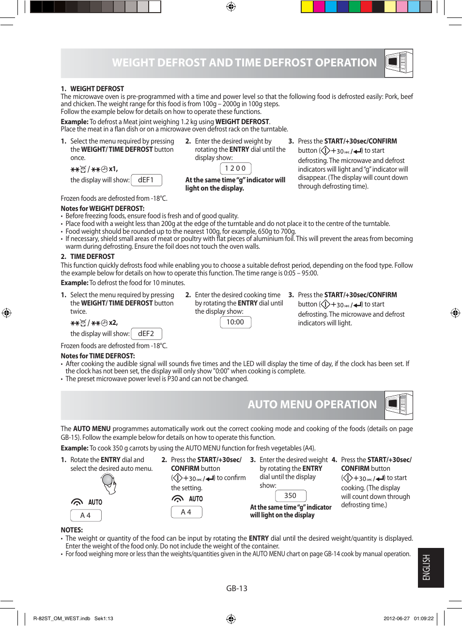 Weight defrost and time defrost operation, Auto menu operation, English | Sharp R-82STW Four à micro-ondes combiné User Manual | Page 175 / 180