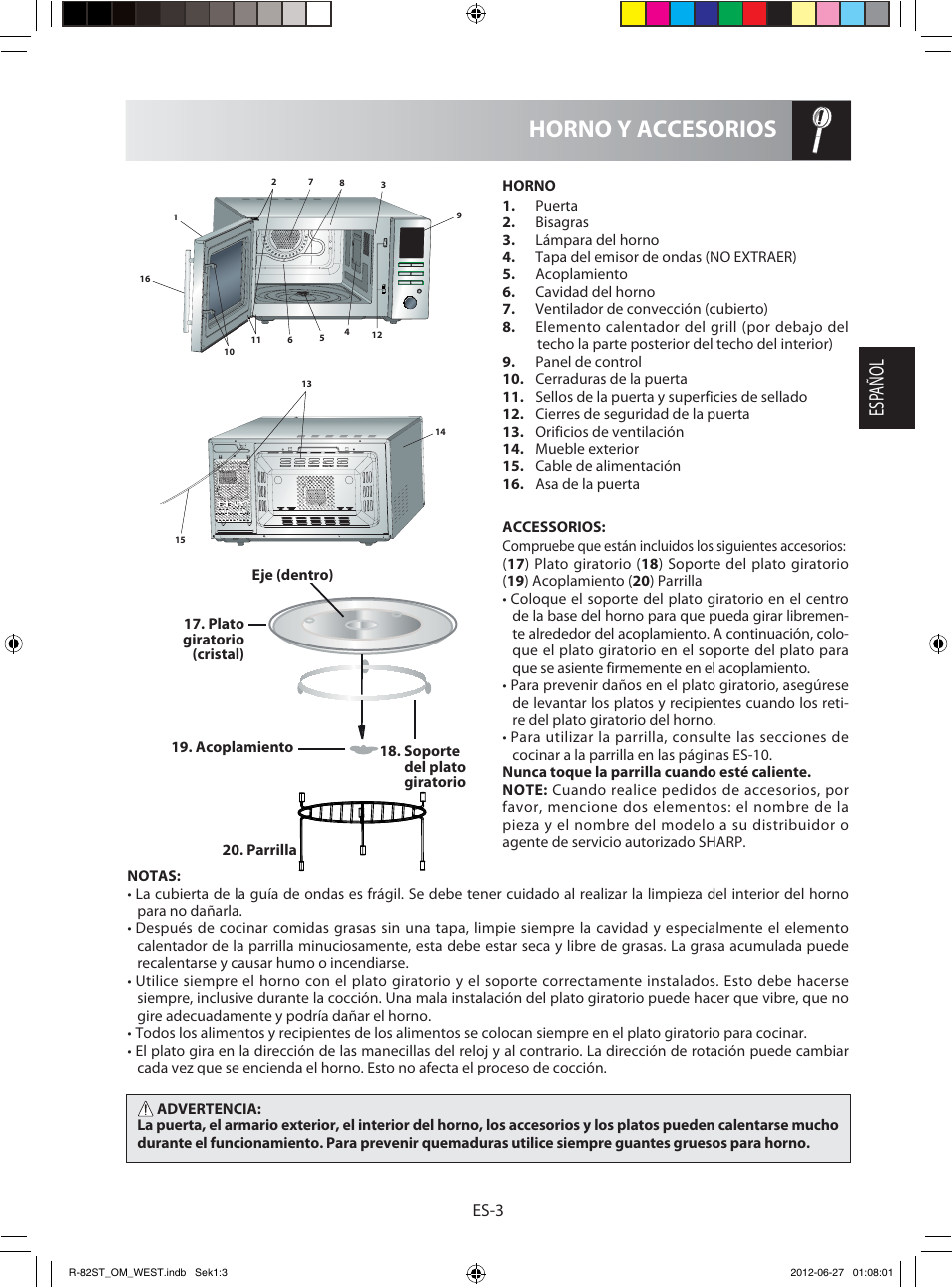 Horno y accesorios, Esp añol | Sharp R-82STW Four à micro-ondes combiné User Manual | Page 21 / 180