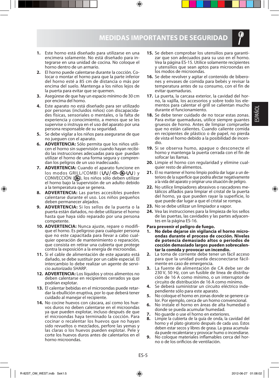 Medidas importantes de seguridad, Esp añol | Sharp R-82STW Four à micro-ondes combiné User Manual | Page 23 / 180