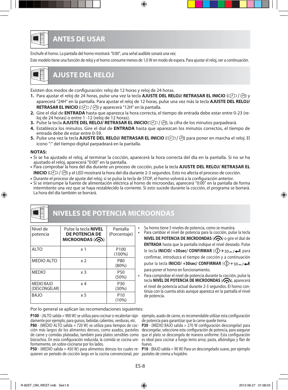 Antes de usar niveles de potencia microondas, Ajuste del reloj | Sharp R-82STW Four à micro-ondes combiné User Manual | Page 26 / 180