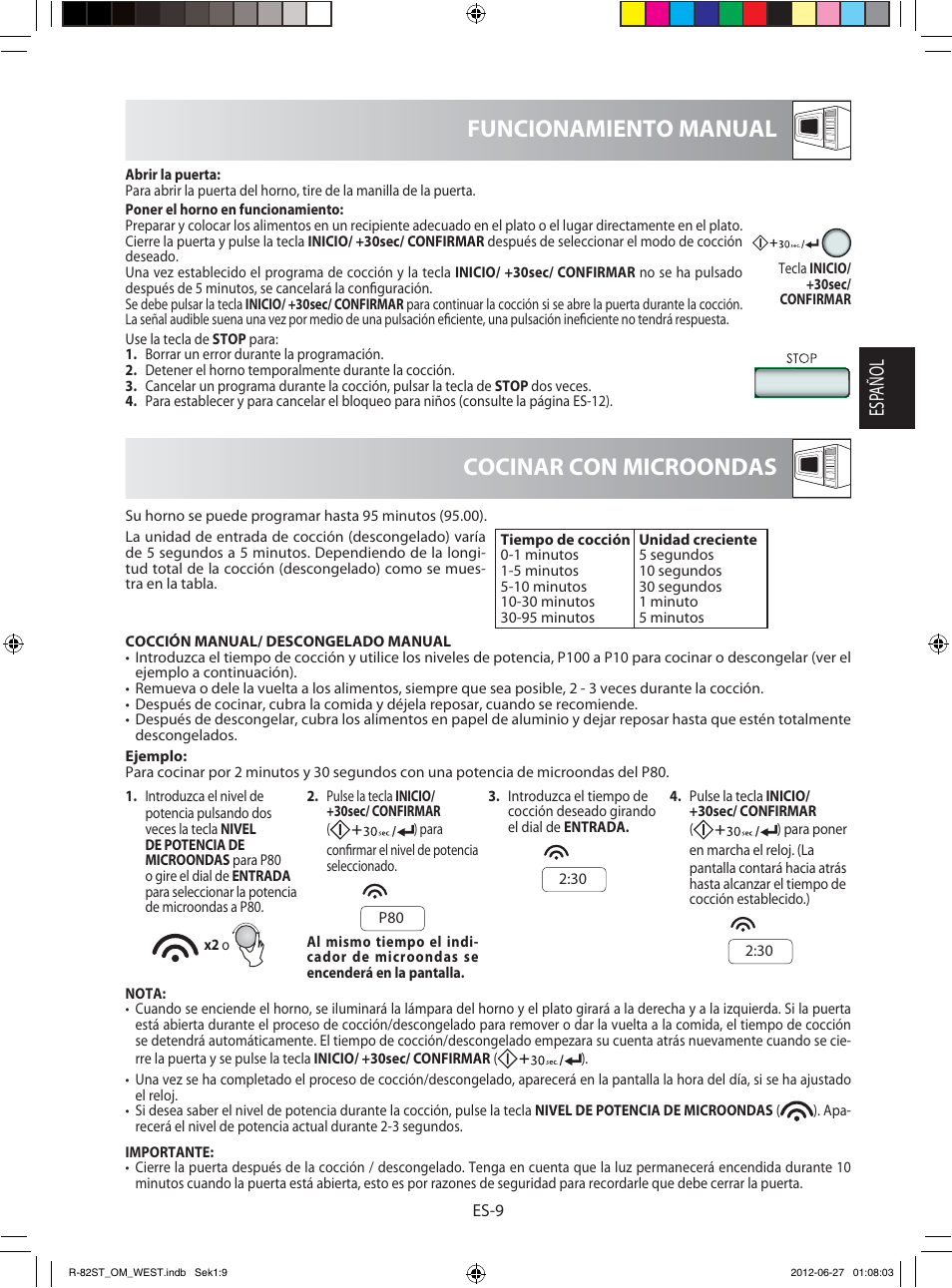 Cocinar con microondas funcionamiento manual, Esp añol | Sharp R-82STW Four à micro-ondes combiné User Manual | Page 27 / 180