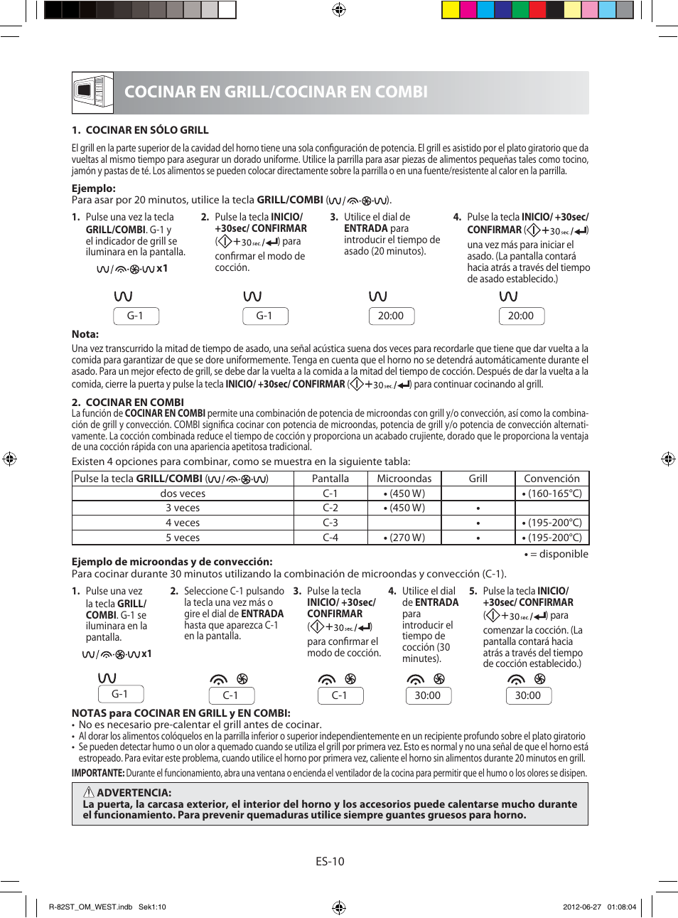 Cocinar en grill/cocinar en combi | Sharp R-82STW Four à micro-ondes combiné User Manual | Page 28 / 180