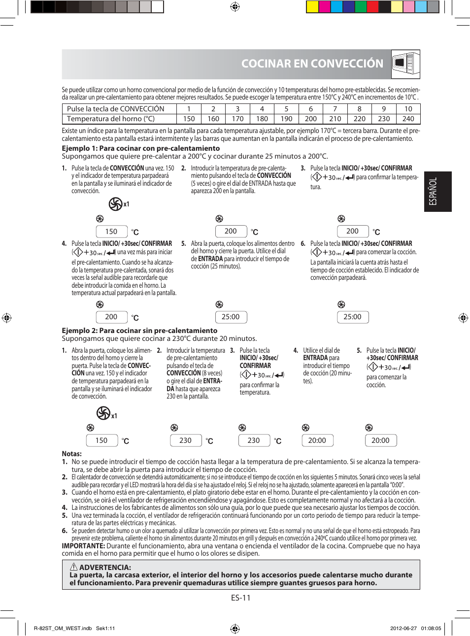 Cocinar en convección, Esp añol | Sharp R-82STW Four à micro-ondes combiné User Manual | Page 29 / 180