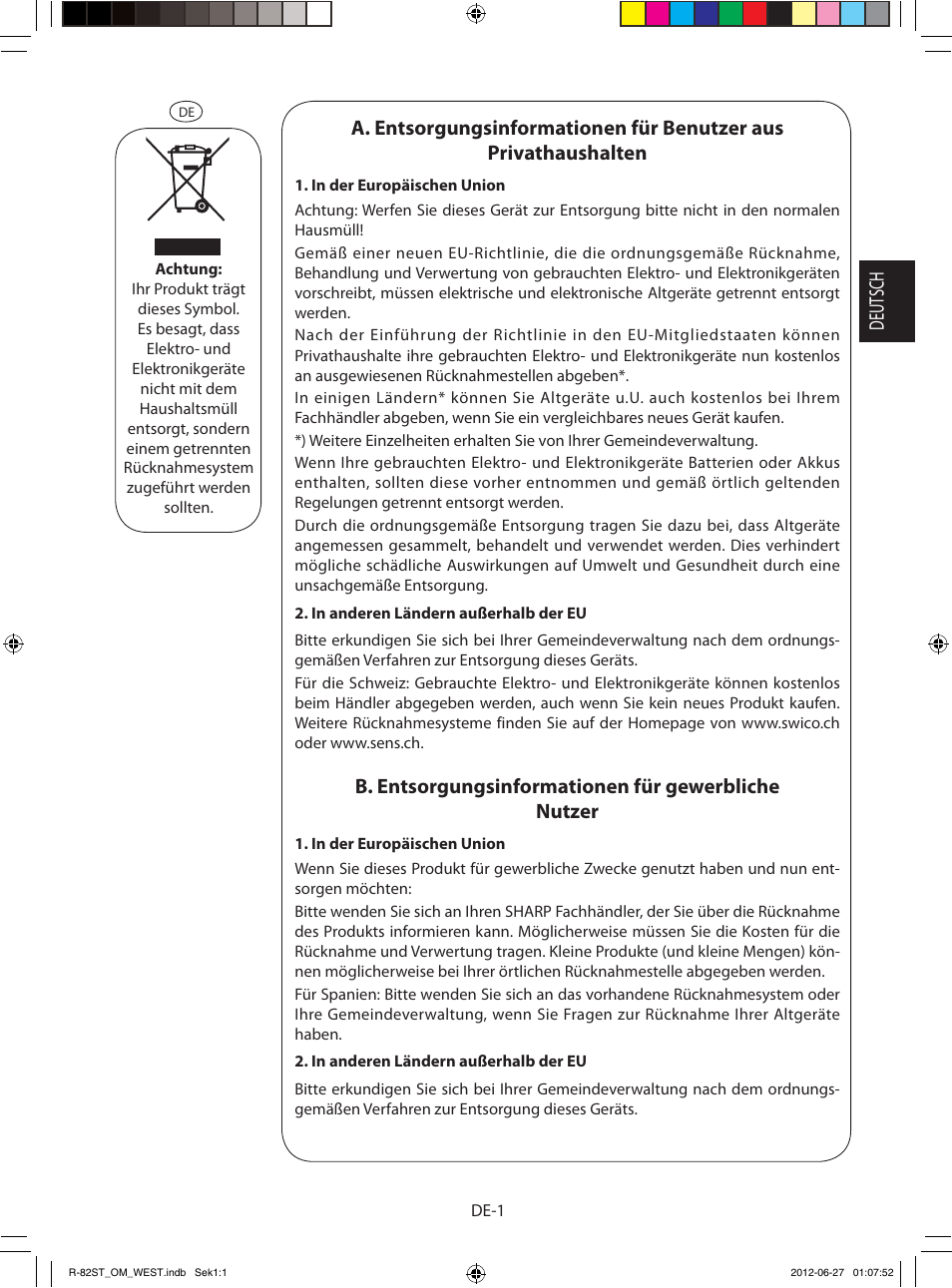 B. entsorgungsinformationen für gewerbliche nutzer | Sharp R-82STW Four à micro-ondes combiné User Manual | Page 3 / 180