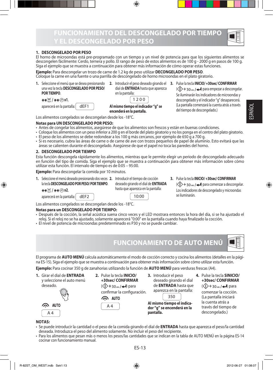 Funcionamiento de auto menú, Esp añol | Sharp R-82STW Four à micro-ondes combiné User Manual | Page 31 / 180