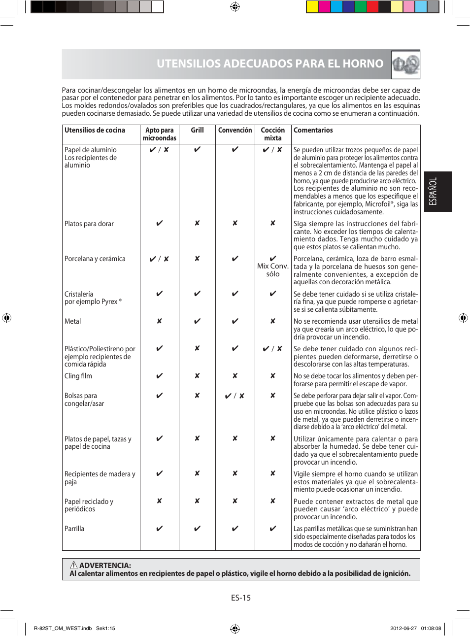 Utensilios adecuados para el horno, Esp añol | Sharp R-82STW Four à micro-ondes combiné User Manual | Page 33 / 180