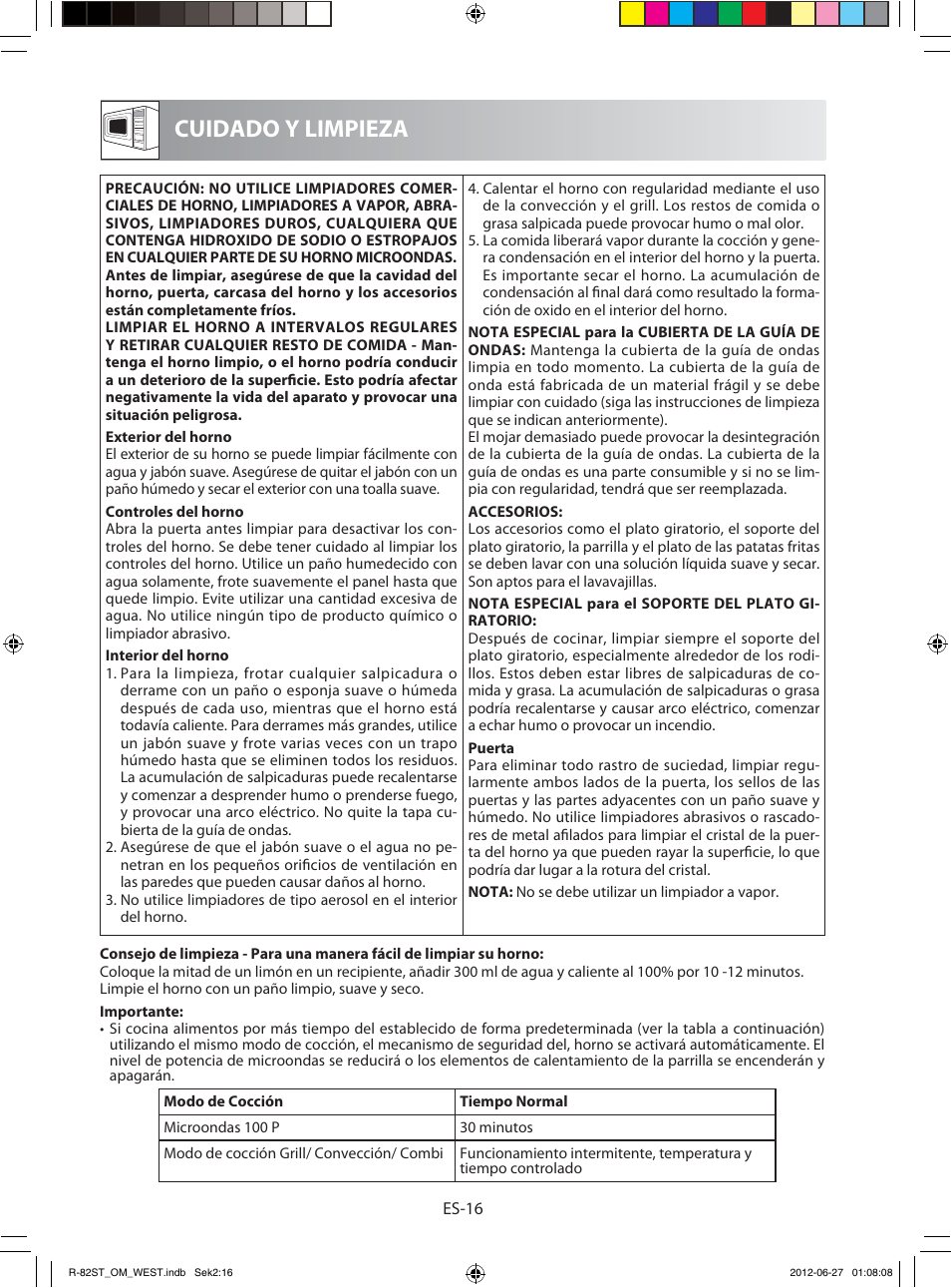 Cuidado y limpieza | Sharp R-82STW Four à micro-ondes combiné User Manual | Page 34 / 180