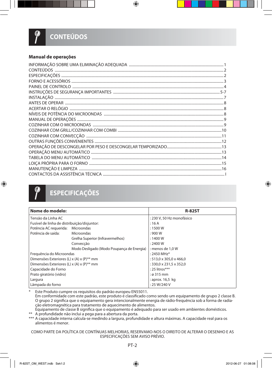 Especificações conteúdos | Sharp R-82STW Four à micro-ondes combiné User Manual | Page 36 / 180