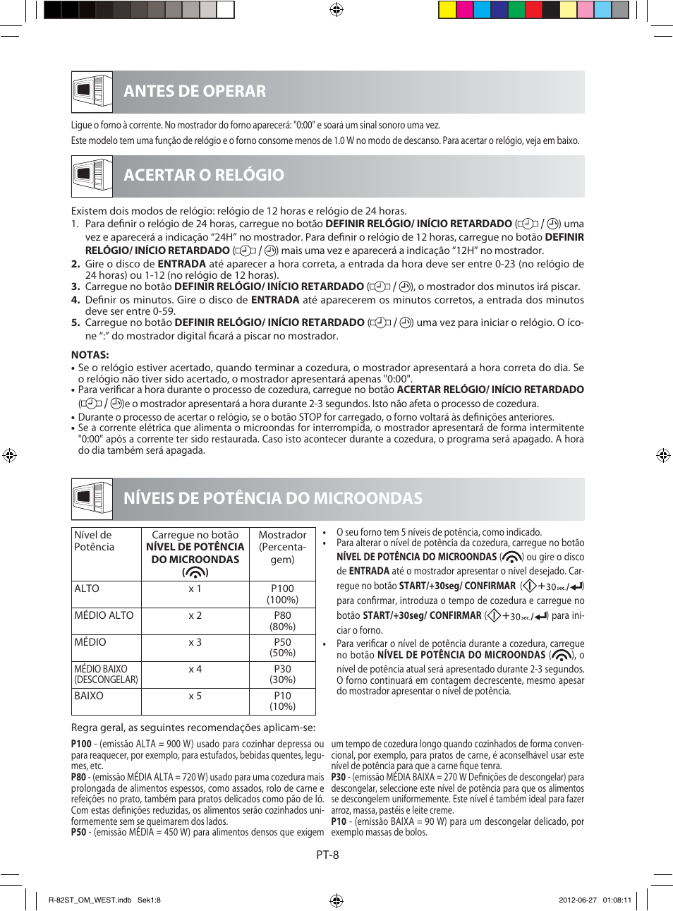 Antes de operar níveis de potência do microondas, Acertar o relógio | Sharp R-82STW Four à micro-ondes combiné User Manual | Page 42 / 180