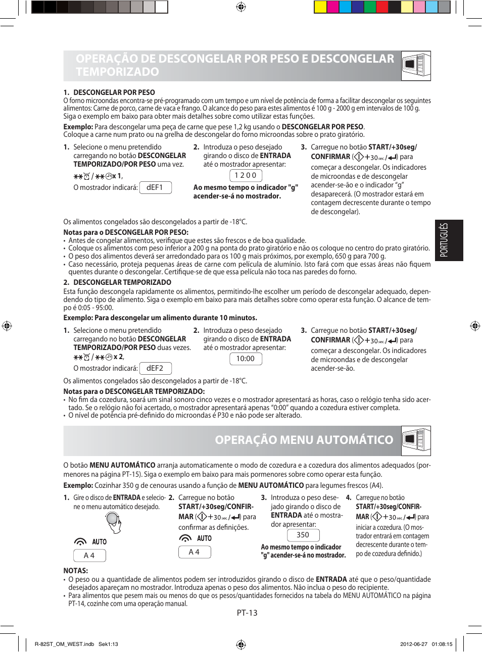 Operação menu automático, Português | Sharp R-82STW Four à micro-ondes combiné User Manual | Page 47 / 180