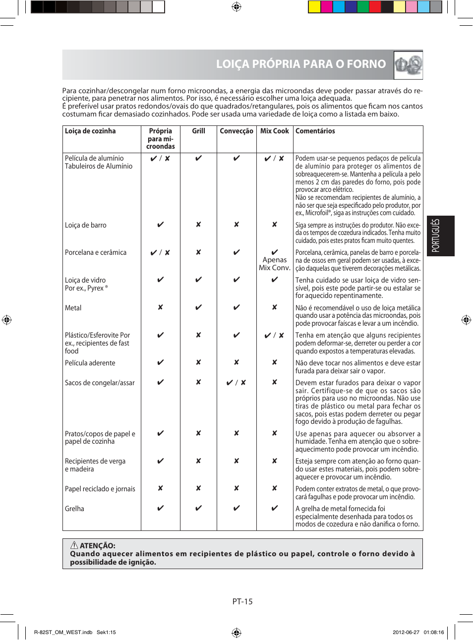 Loiça própria para o forno, Português | Sharp R-82STW Four à micro-ondes combiné User Manual | Page 49 / 180