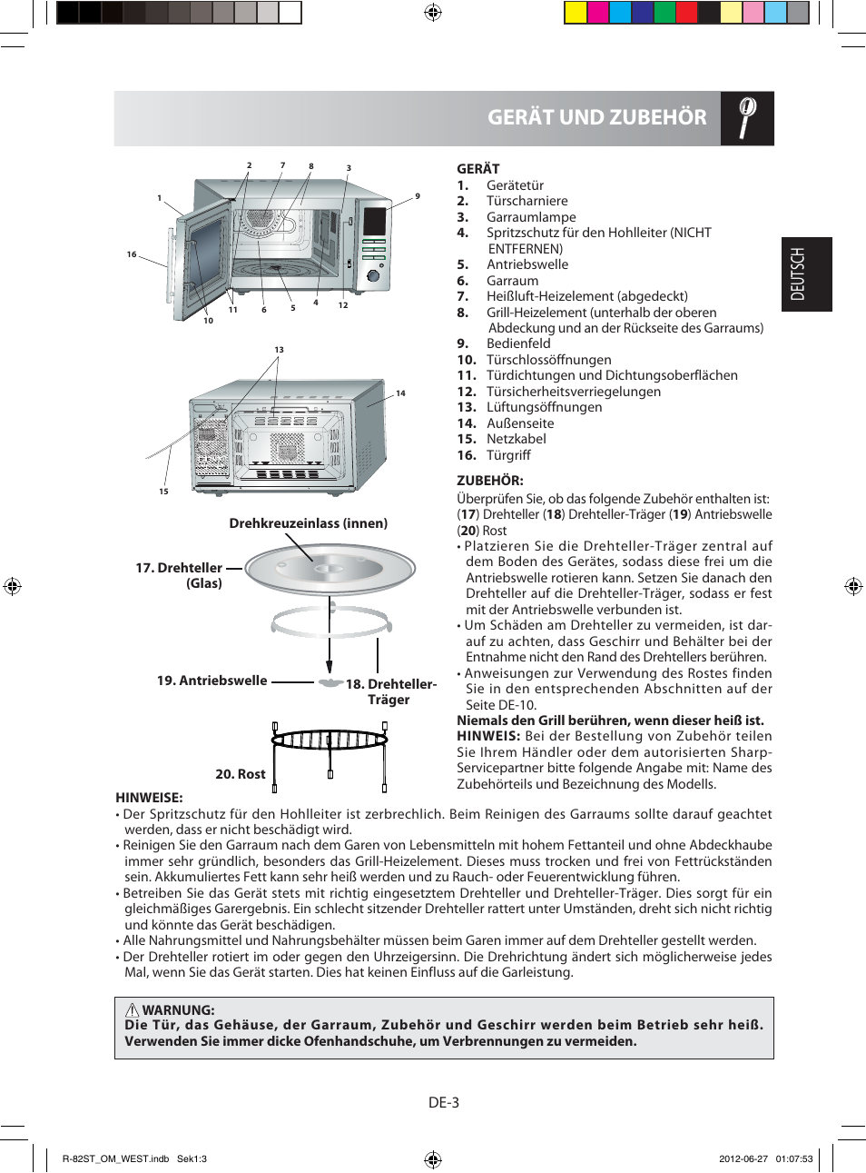 Gerät und zubehör, Deutsch, De-3 | Sharp R-82STW Four à micro-ondes combiné User Manual | Page 5 / 180