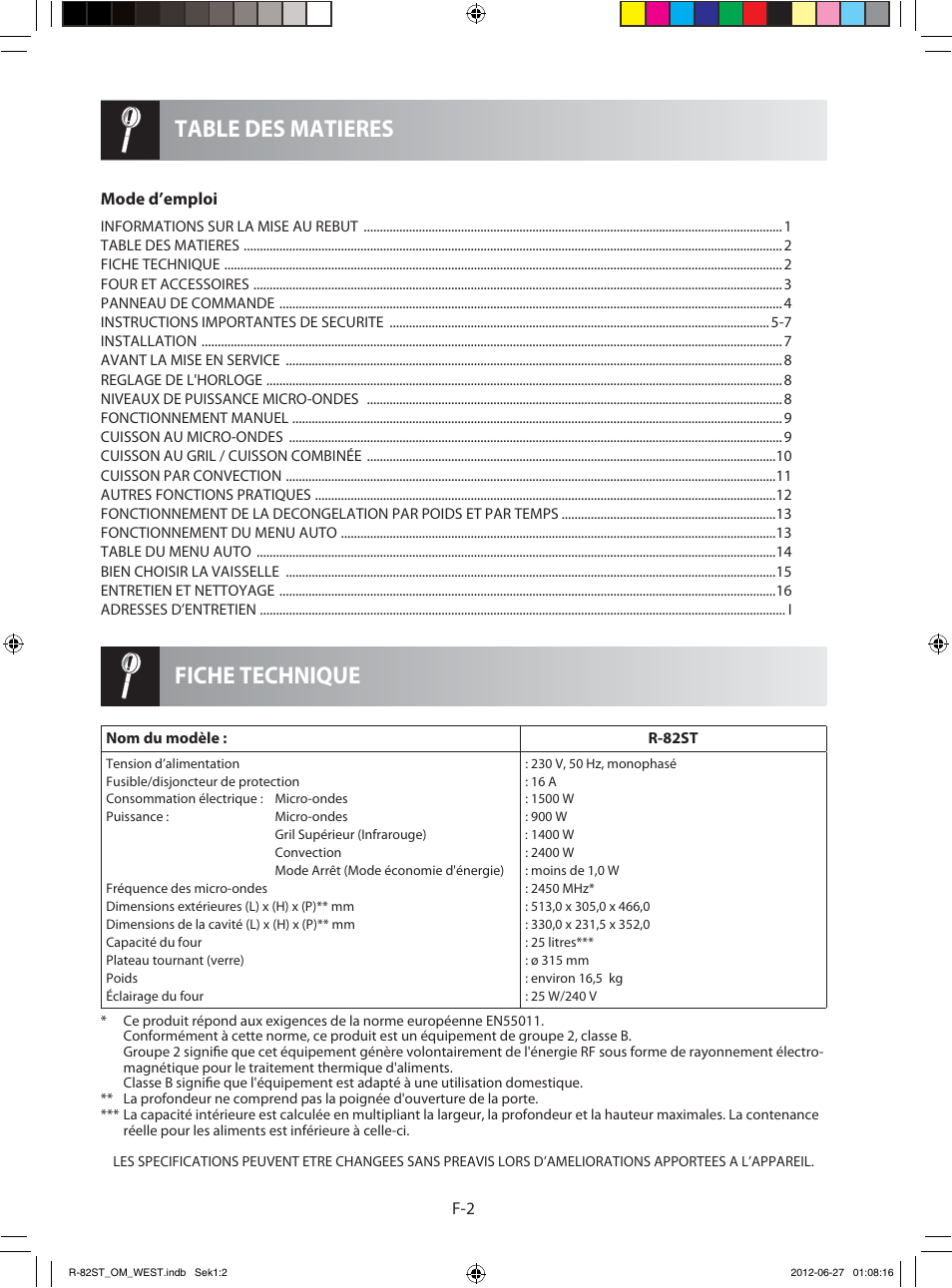 Fiche technique table des matieres | Sharp R-82STW Four à micro-ondes combiné User Manual | Page 52 / 180