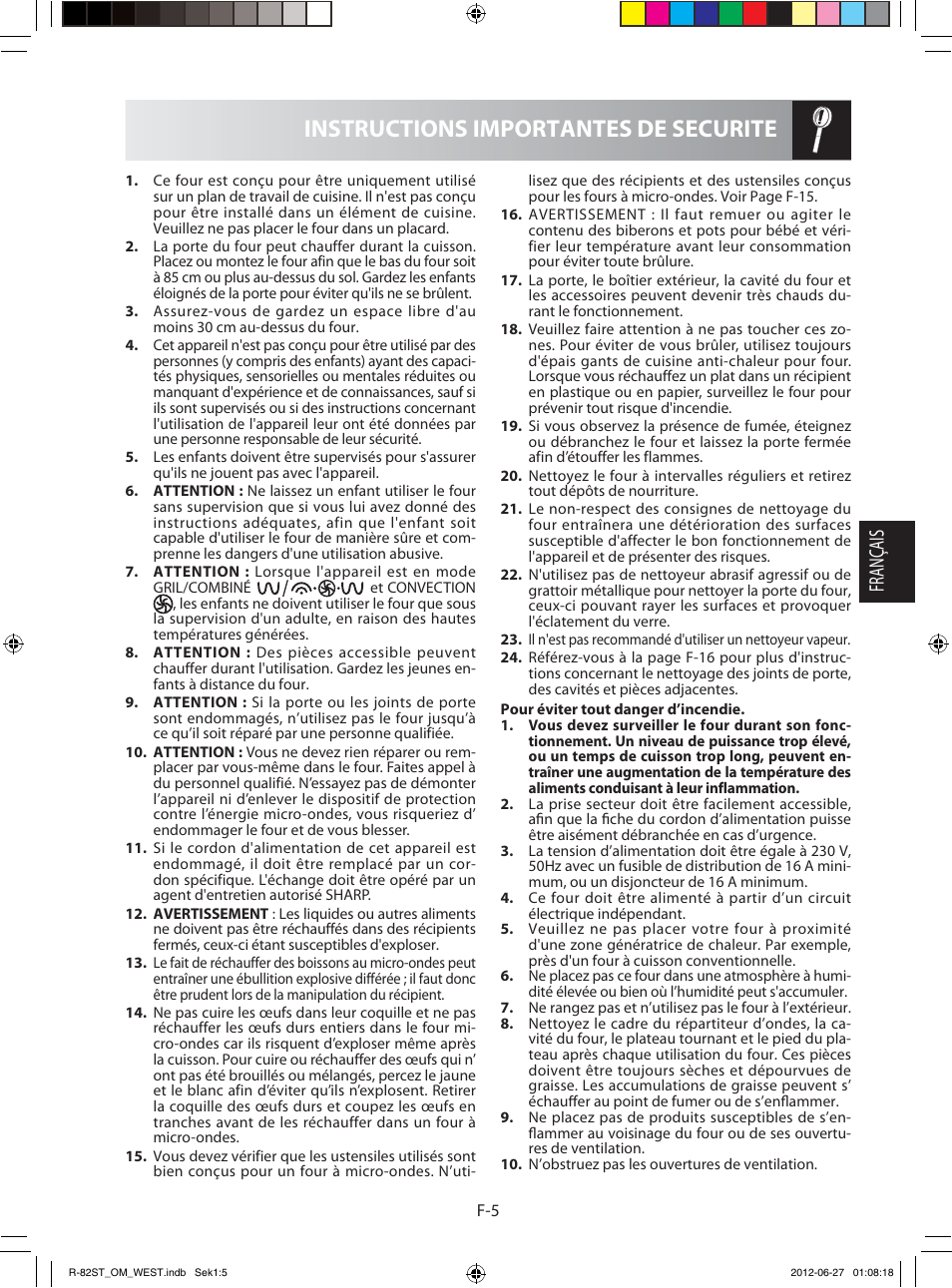 Instructions importantes de securite, Français | Sharp R-82STW Four à micro-ondes combiné User Manual | Page 55 / 180