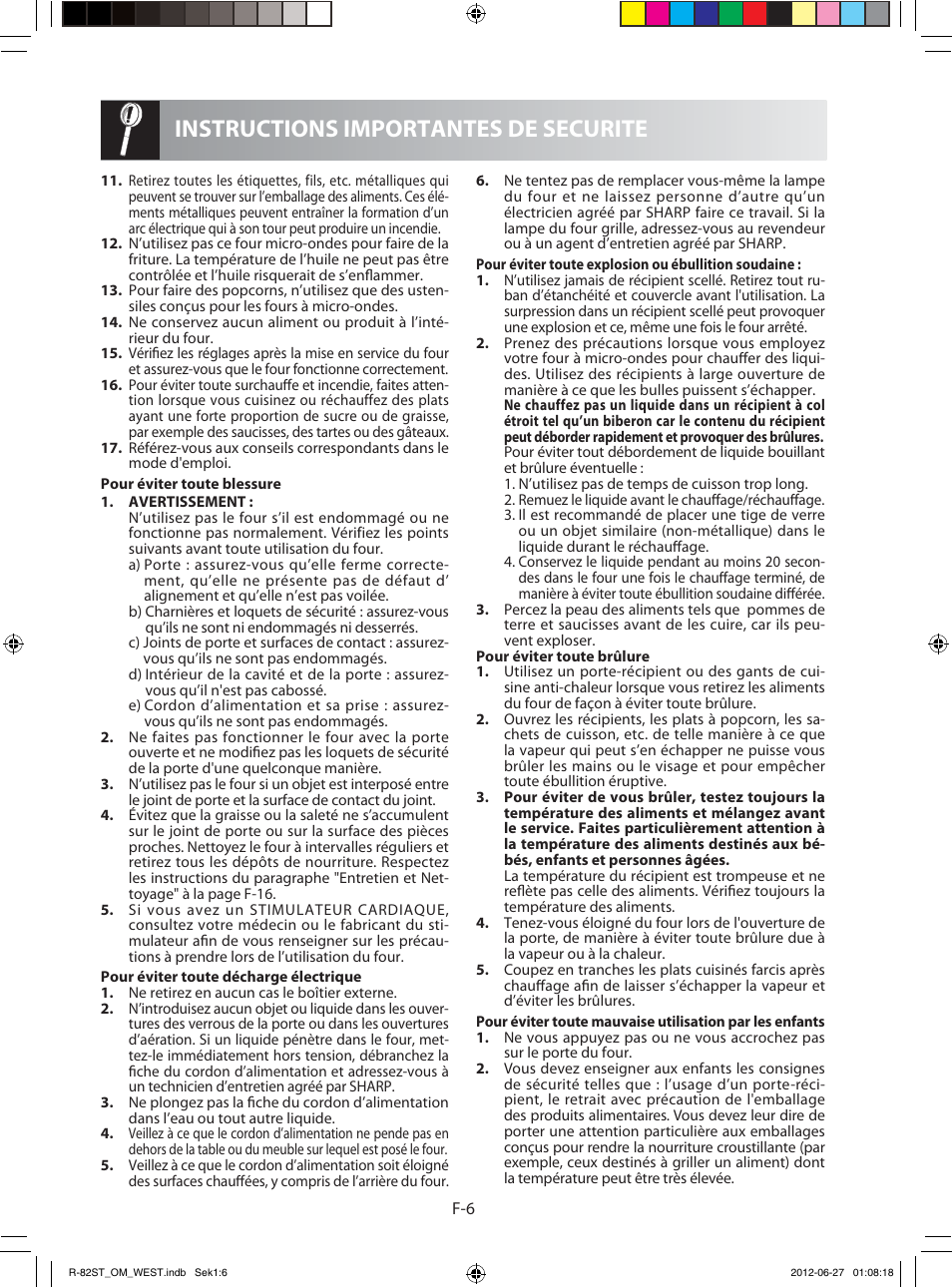 Instructions importantes de securite | Sharp R-82STW Four à micro-ondes combiné User Manual | Page 56 / 180