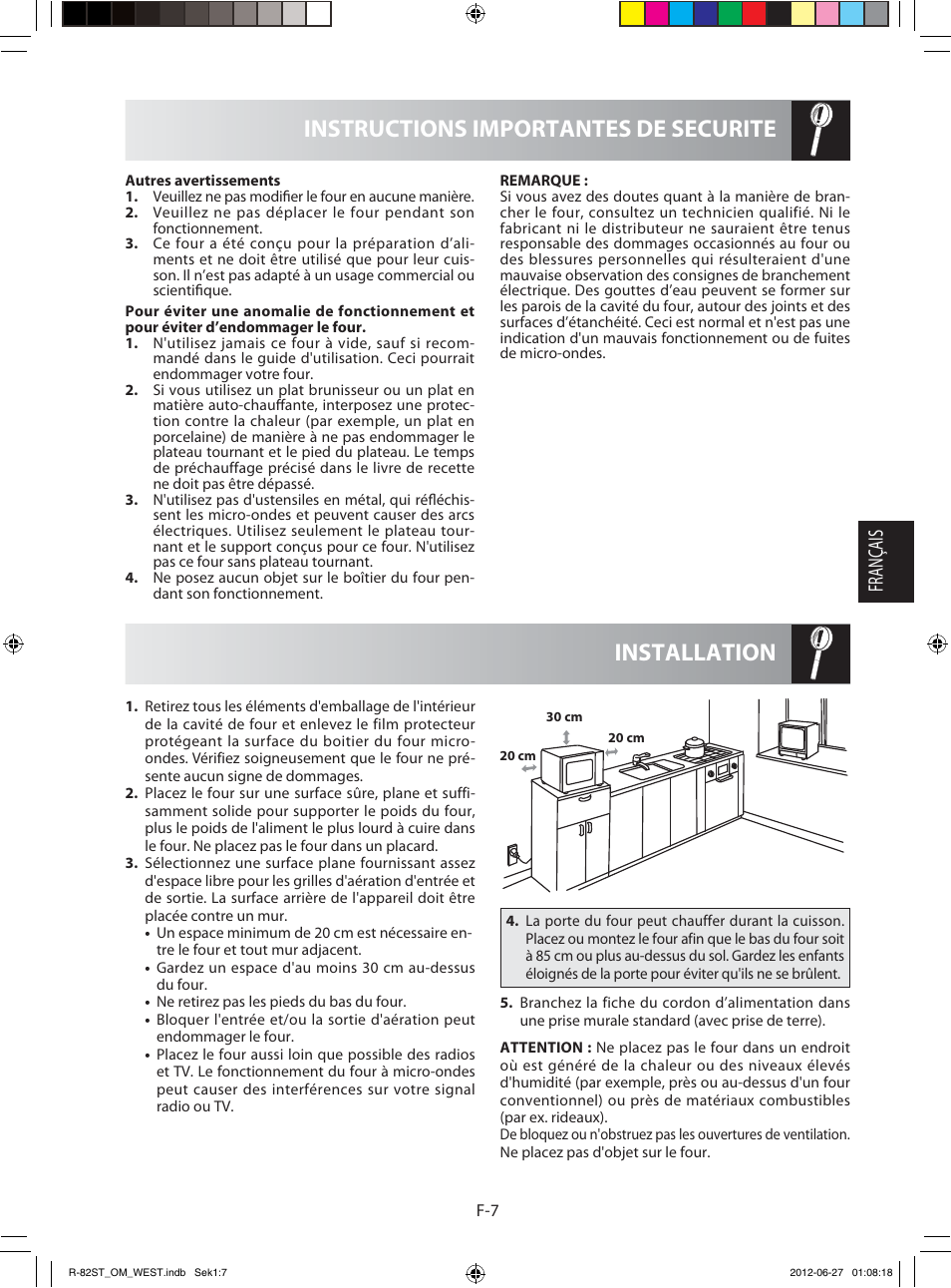 Installation instructions importantes de securite, Français | Sharp R-82STW Four à micro-ondes combiné User Manual | Page 57 / 180