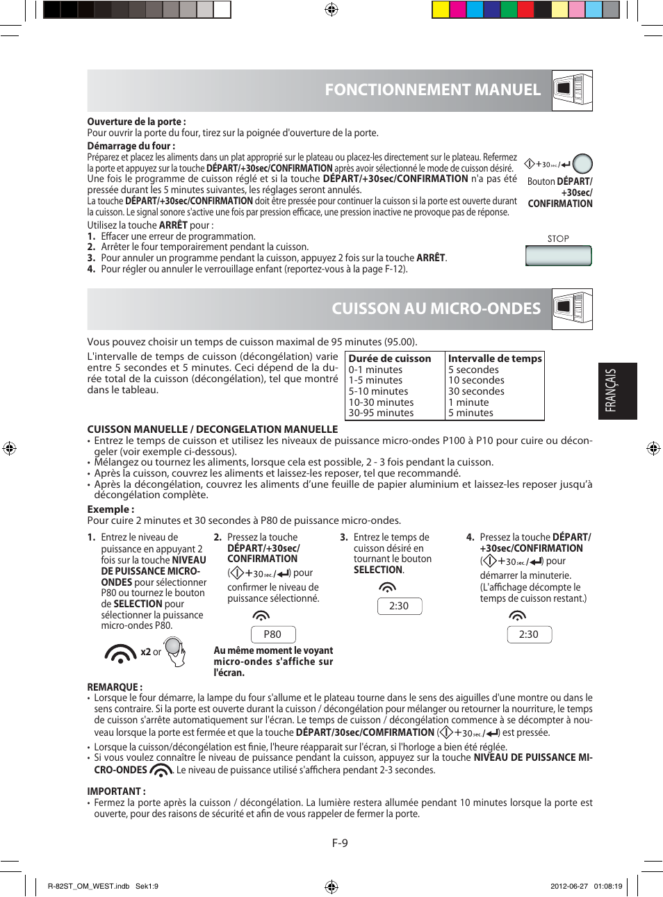 Cuisson au micro-ondes fonctionnement manuel, Français | Sharp R-82STW Four à micro-ondes combiné User Manual | Page 59 / 180