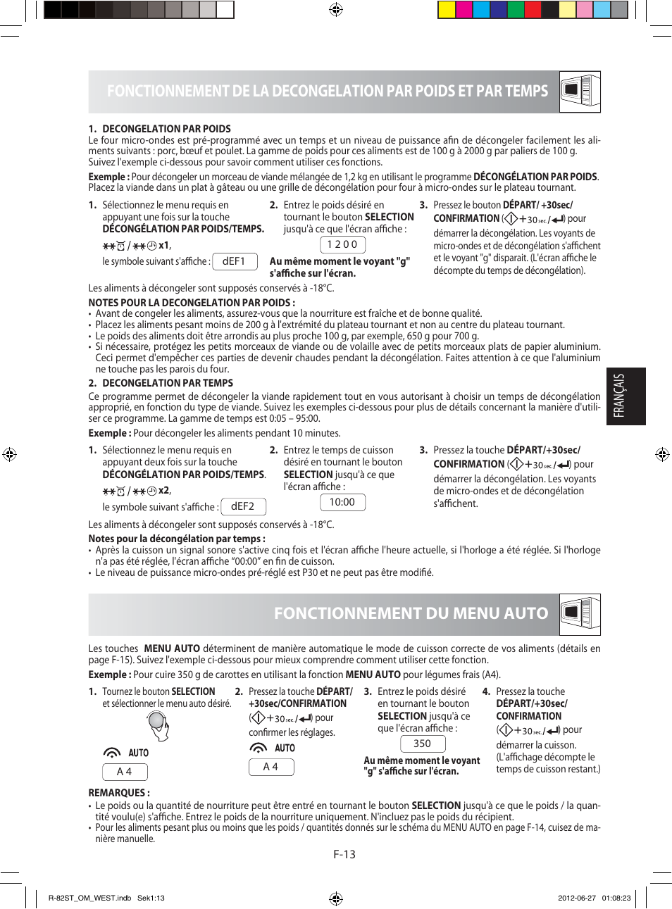 Fonctionnement du menu auto, Français | Sharp R-82STW Four à micro-ondes combiné User Manual | Page 63 / 180