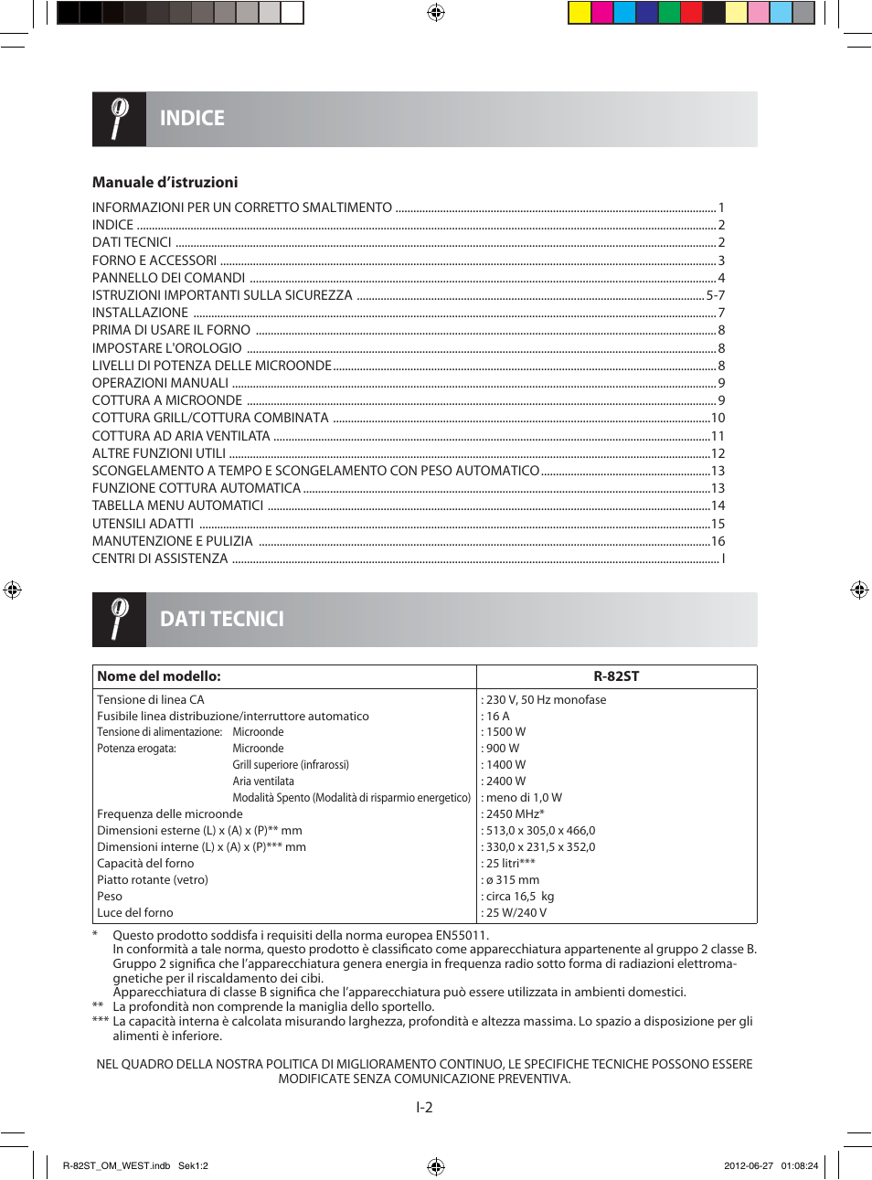 Dati tecnici indice | Sharp R-82STW Four à micro-ondes combiné User Manual | Page 68 / 180