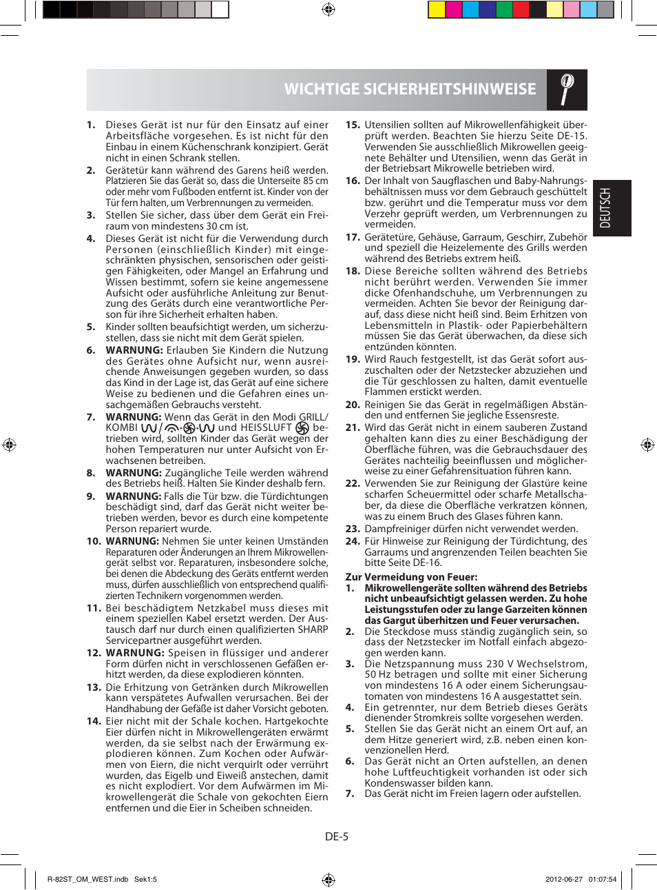 Wichtige sicherheitshinweise, Deutsch | Sharp R-82STW Four à micro-ondes combiné User Manual | Page 7 / 180