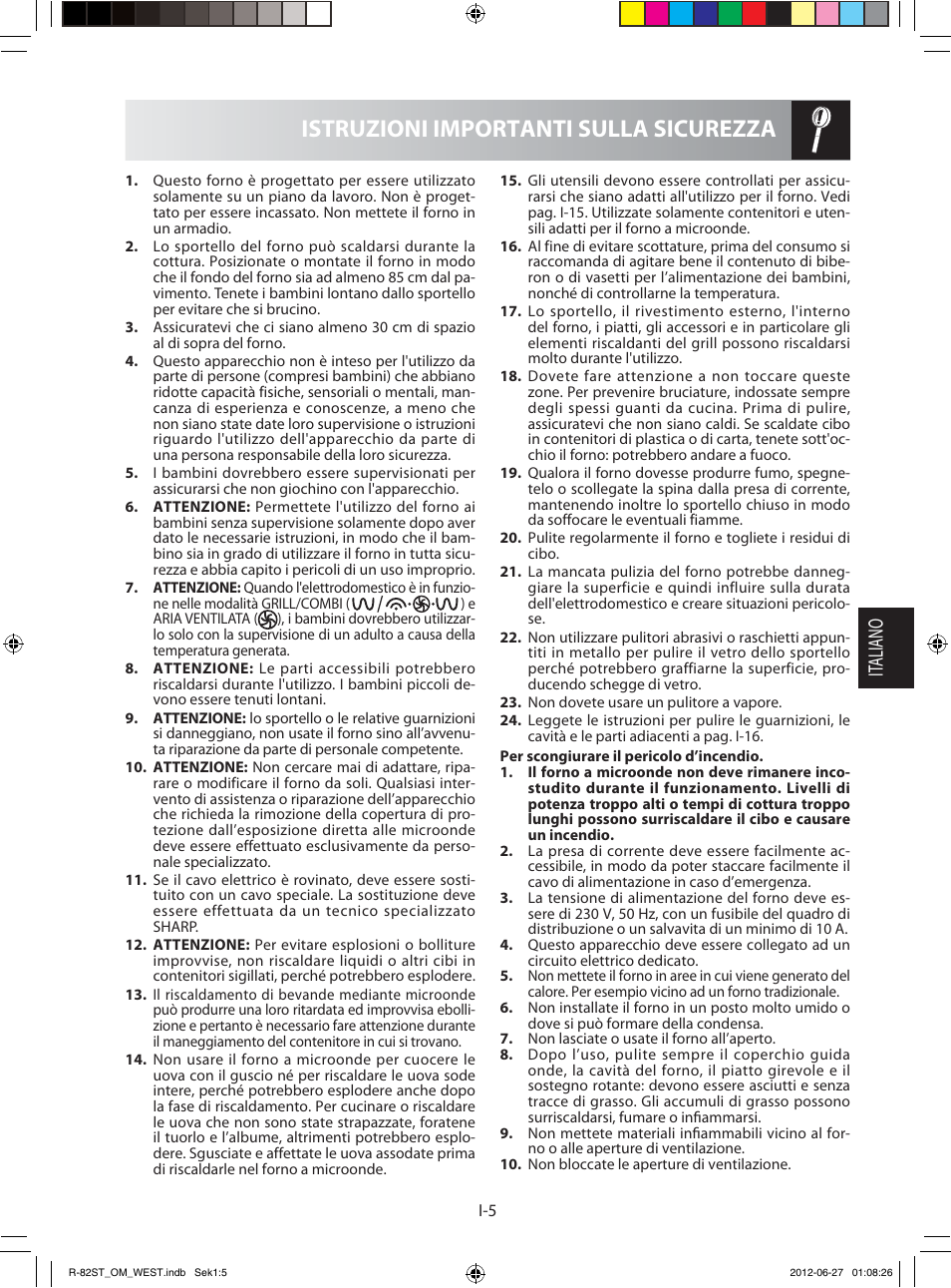 Istruzioni importanti sulla sicurezza, It aliano | Sharp R-82STW Four à micro-ondes combiné User Manual | Page 71 / 180