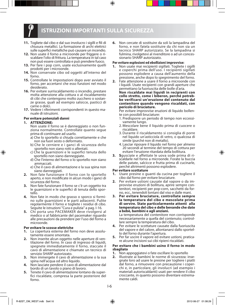 Istruzioni importanti sulla sicurezza | Sharp R-82STW Four à micro-ondes combiné User Manual | Page 72 / 180