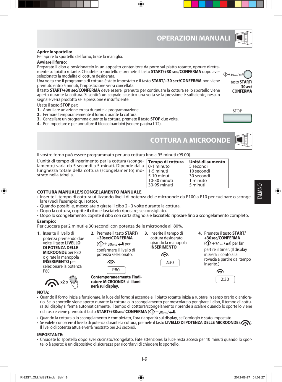 Cottura a microonde operazioni manuali, It aliano | Sharp R-82STW Four à micro-ondes combiné User Manual | Page 75 / 180