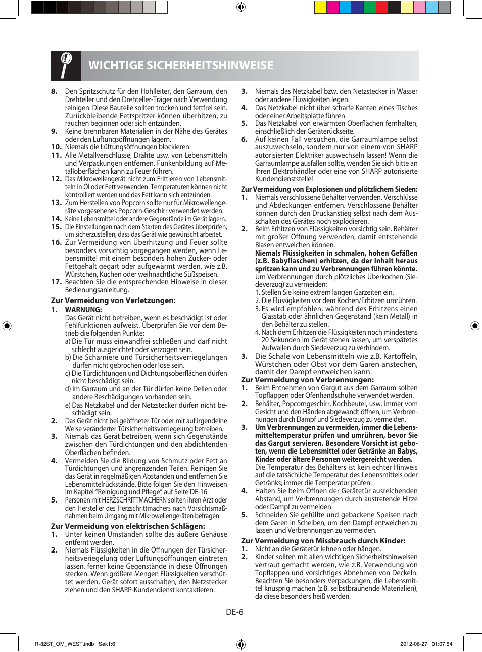 Wichtige sicherheitshinweise | Sharp R-82STW Four à micro-ondes combiné User Manual | Page 8 / 180