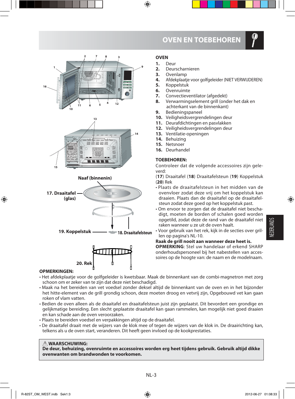 Oven en toebehoren, Nederlands, Nl-3 | Sharp R-82STW Four à micro-ondes combiné User Manual | Page 85 / 180