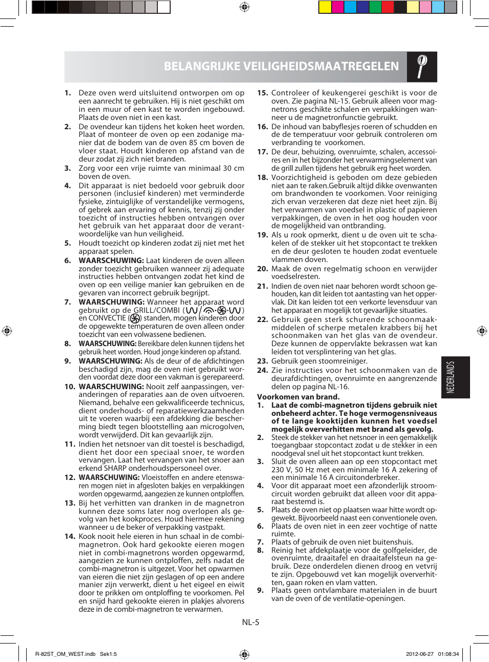 Belangrijke veiligheidsmaatregelen, Nederlands | Sharp R-82STW Four à micro-ondes combiné User Manual | Page 87 / 180