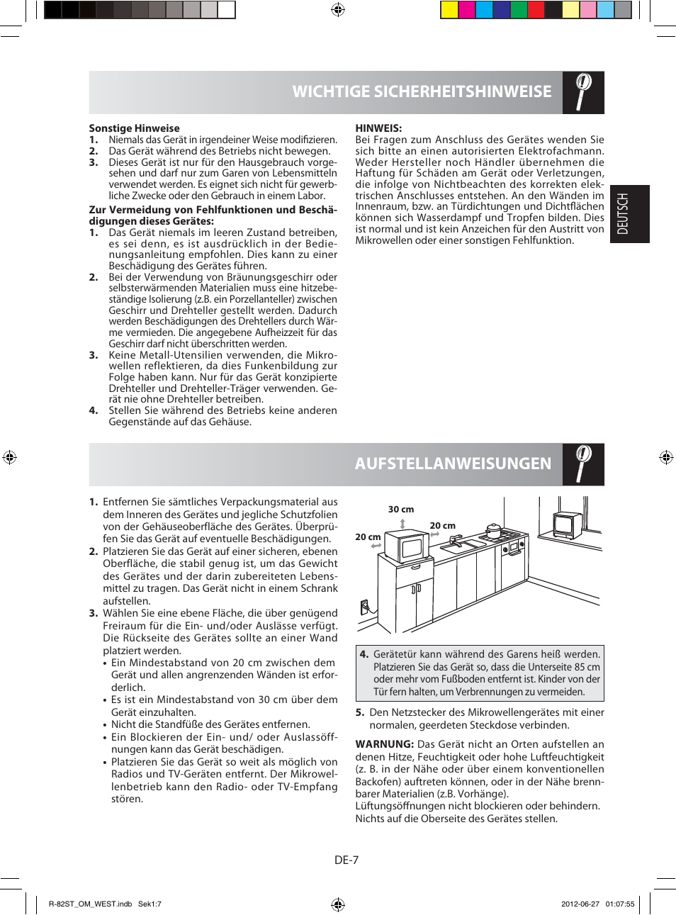 Aufstellanweisungen wichtige sicherheitshinweise, Deutsch | Sharp R-82STW Four à micro-ondes combiné User Manual | Page 9 / 180