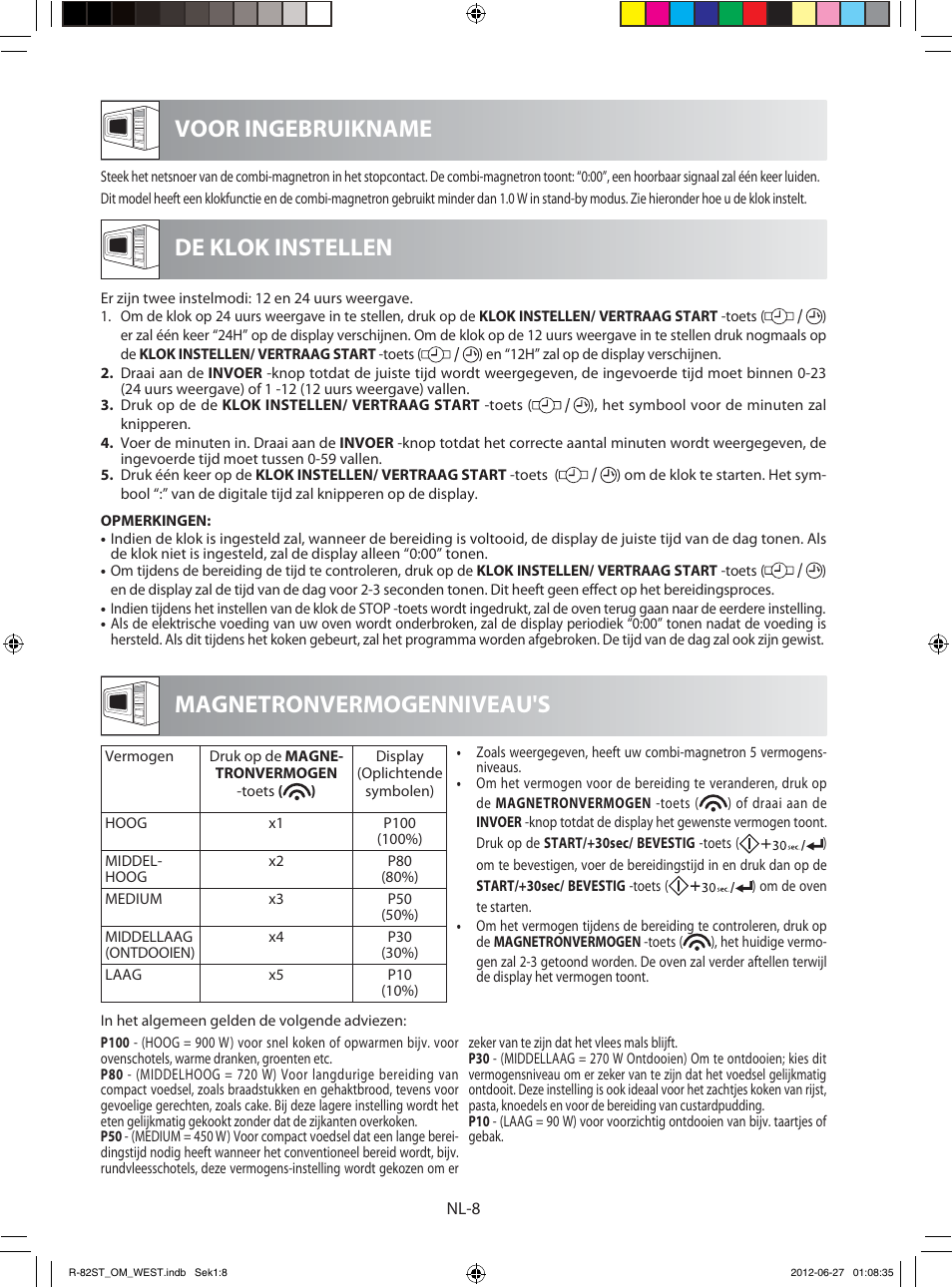 Voor ingebruikname magnetronvermogenniveau's, De klok instellen | Sharp R-82STW Four à micro-ondes combiné User Manual | Page 90 / 180