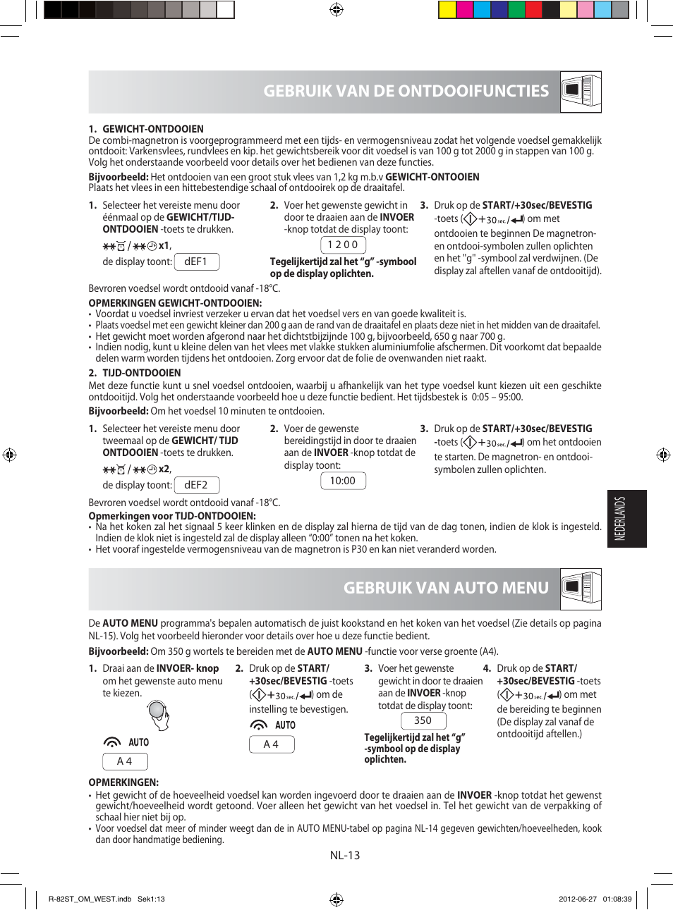 Gebruik van de ontdooifuncties, Gebruik van auto menu, Nederlands | Sharp R-82STW Four à micro-ondes combiné User Manual | Page 95 / 180