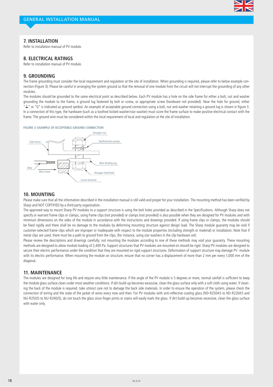 Installation, Electrical ratings, Grounding | Mounting, Maintenance, General installation manual | Sharp ND-R250A5 User Manual | Page 18 / 40