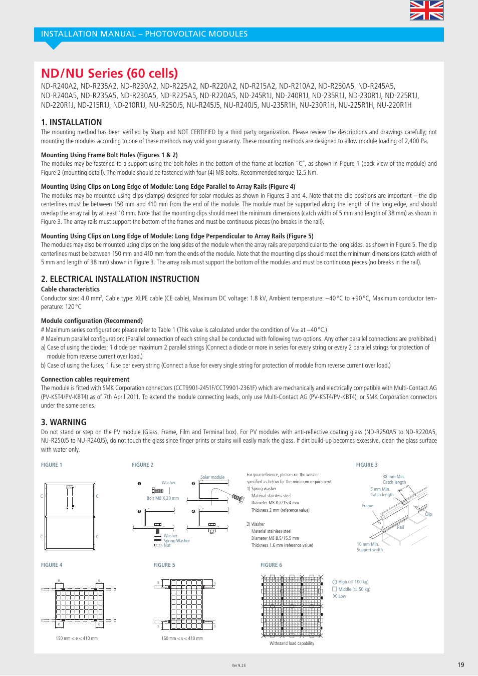 Nd / nu series (60 cells), Installation, Electrical installation instruction | Warning, Installation manual – photovoltaic modules | Sharp ND-R250A5 User Manual | Page 19 / 40