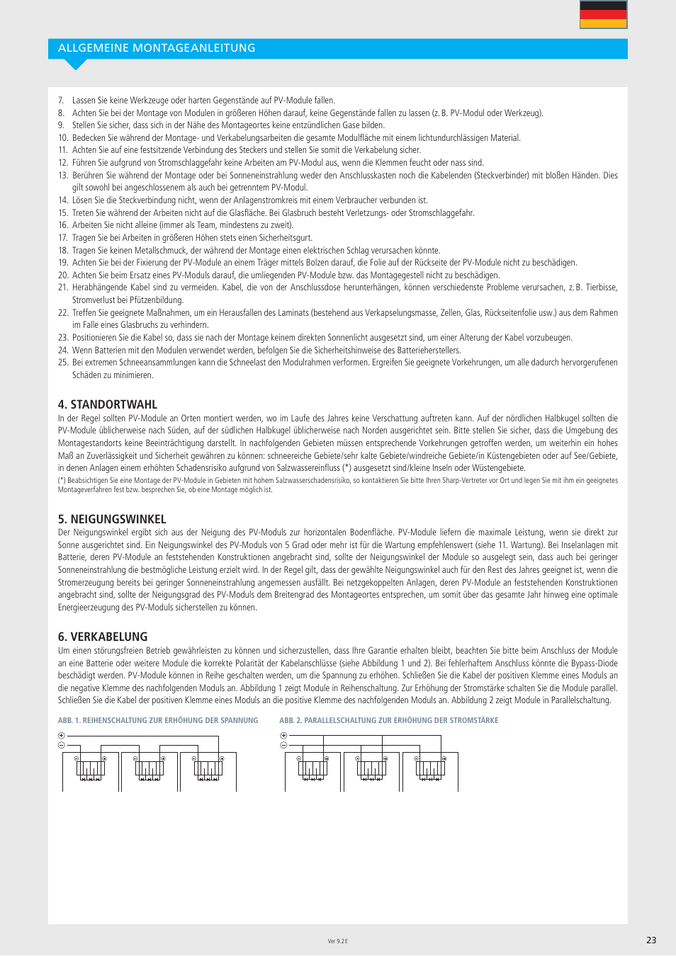 Standortwahl, Neigungswinkel, Verkabelung | Sharp ND-R250A5 User Manual | Page 23 / 40