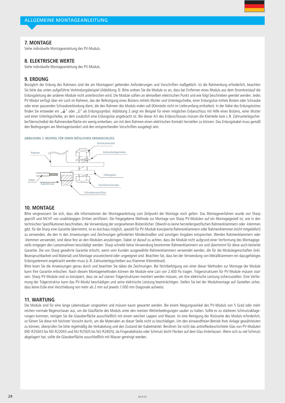 Montage, Elektrische werte, Erdung | Wartung, Allgemeine montageanleitung | Sharp ND-R250A5 User Manual | Page 24 / 40