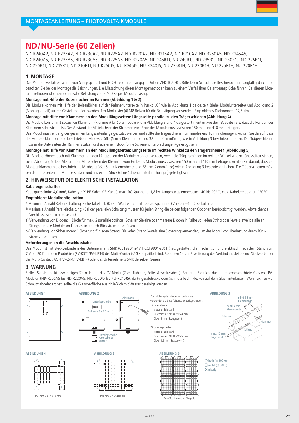 Nd / nu-serie (60 zellen), Montage, Hinweise für die elektrische installation | Warnung, Montageanleitung – photovoltaikmodule | Sharp ND-R250A5 User Manual | Page 25 / 40