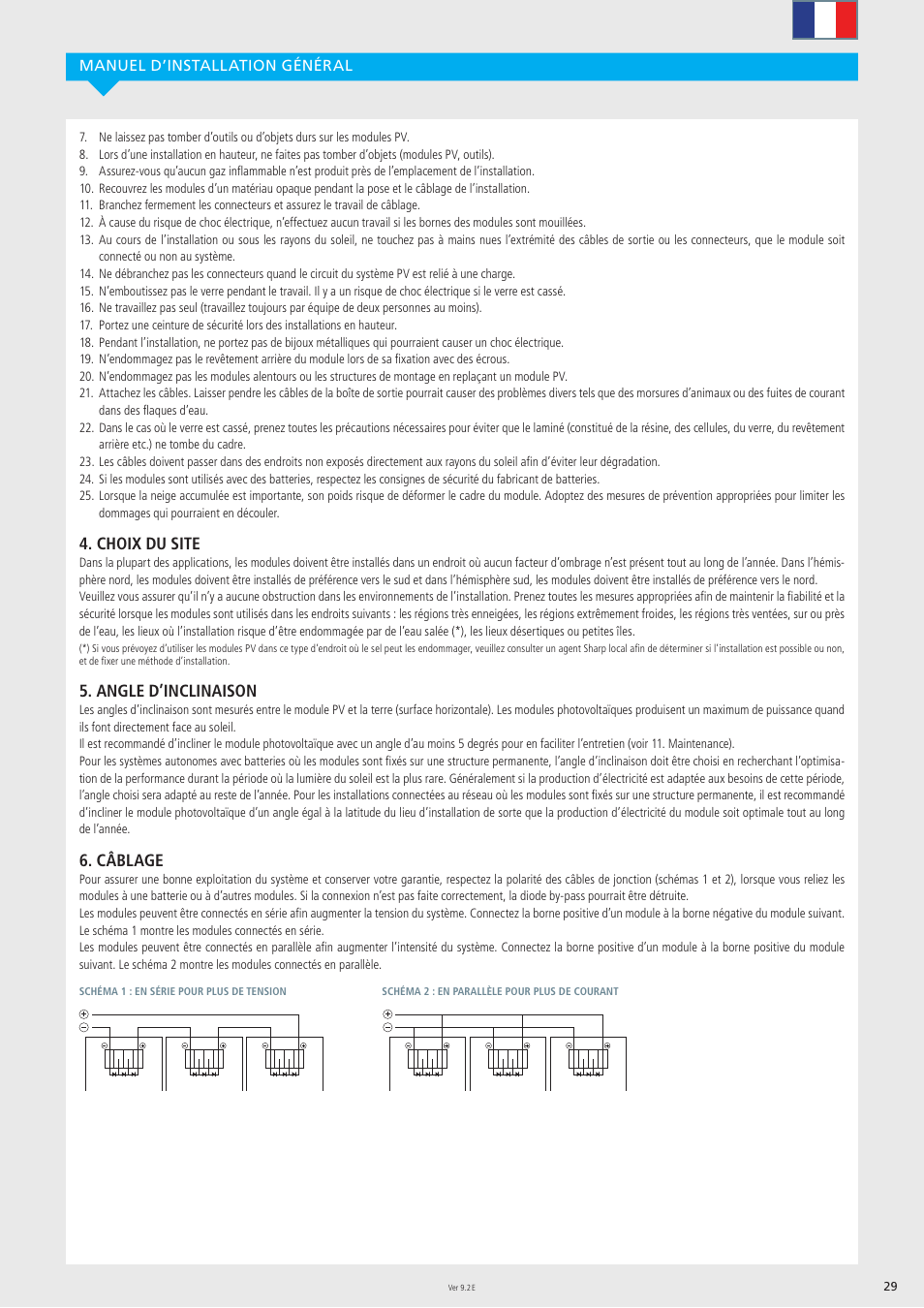 Choix du site, Angle d’inclinaison, Câblage | Sharp ND-R250A5 User Manual | Page 29 / 40