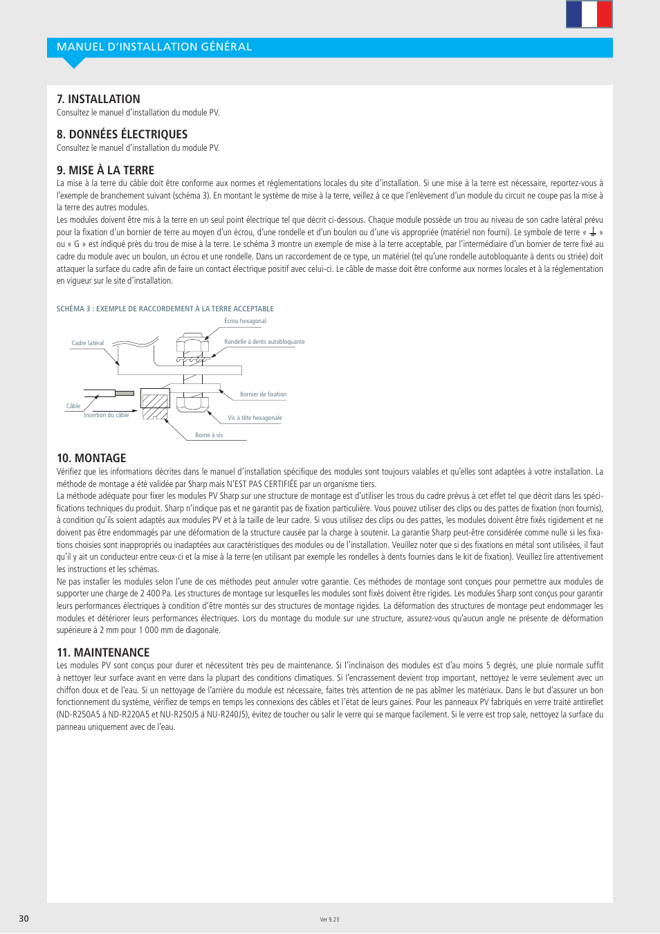 Installation, Données électriques, Mise à la terre | Montage, Maintenance, Manuel d’installation général | Sharp ND-R250A5 User Manual | Page 30 / 40