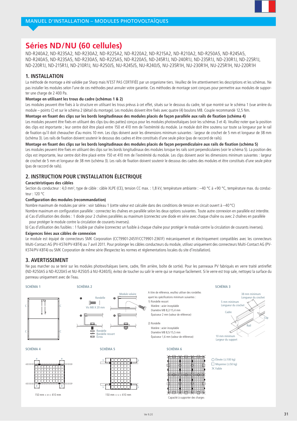 Séries nd / nu (60 cellules), Installation, Instruction pour l’installation électrique | Avertissement, Manuel d’installation – modules photovoltaïques | Sharp ND-R250A5 User Manual | Page 31 / 40