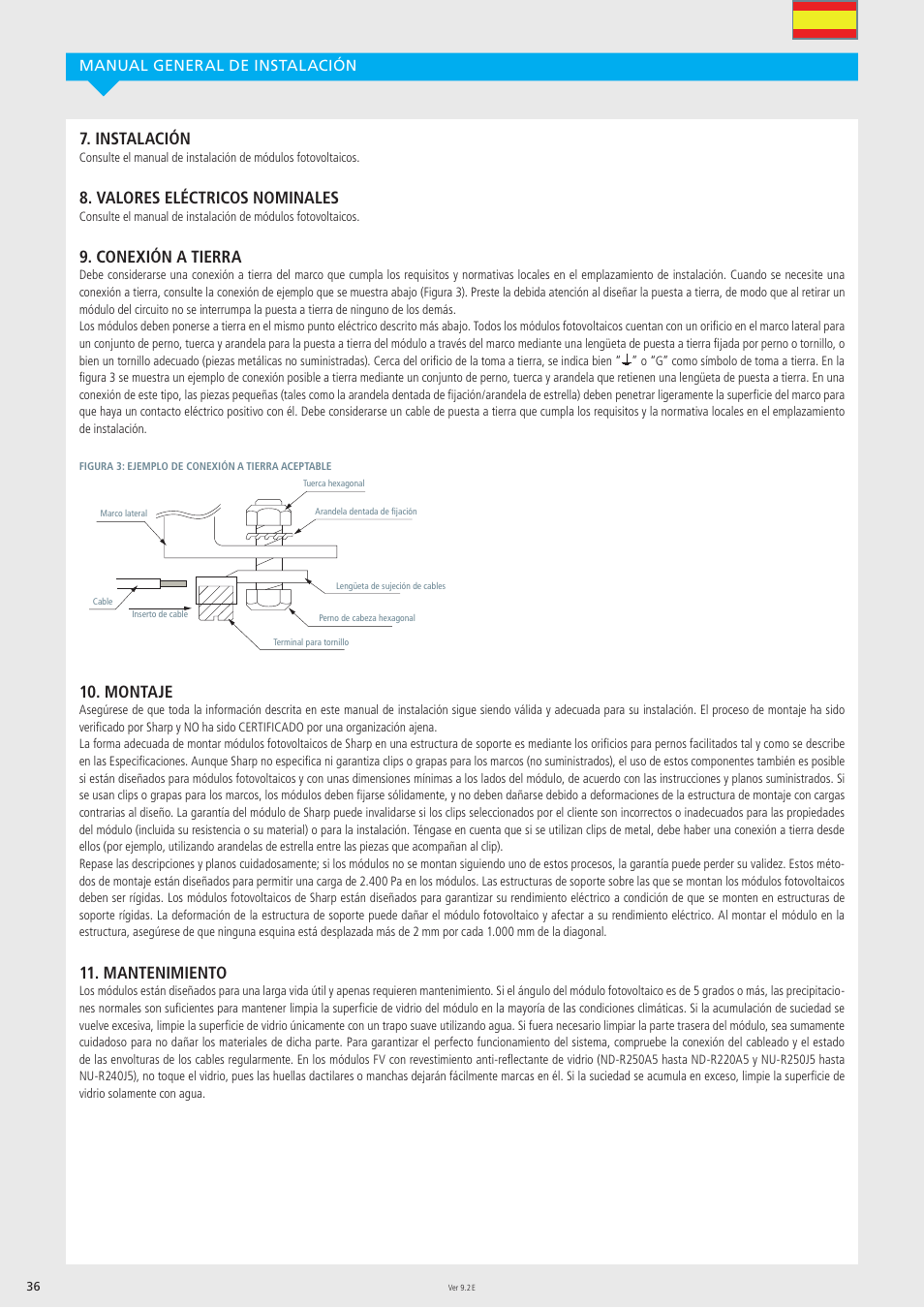 Instalación, Valores eléctricos nominales, Conexión a tierra | Montaje, Mantenimiento, Manual general de instalación | Sharp ND-R250A5 User Manual | Page 36 / 40