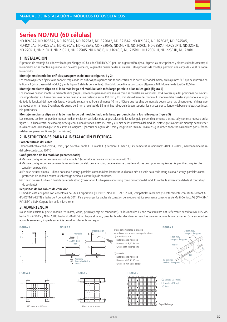 Series nd / nu (60 células), Instalación, Instrucciones para la instalación eléctrica | Advertencia, Manual de instalación – módulos fotovoltaicos | Sharp ND-R250A5 User Manual | Page 37 / 40