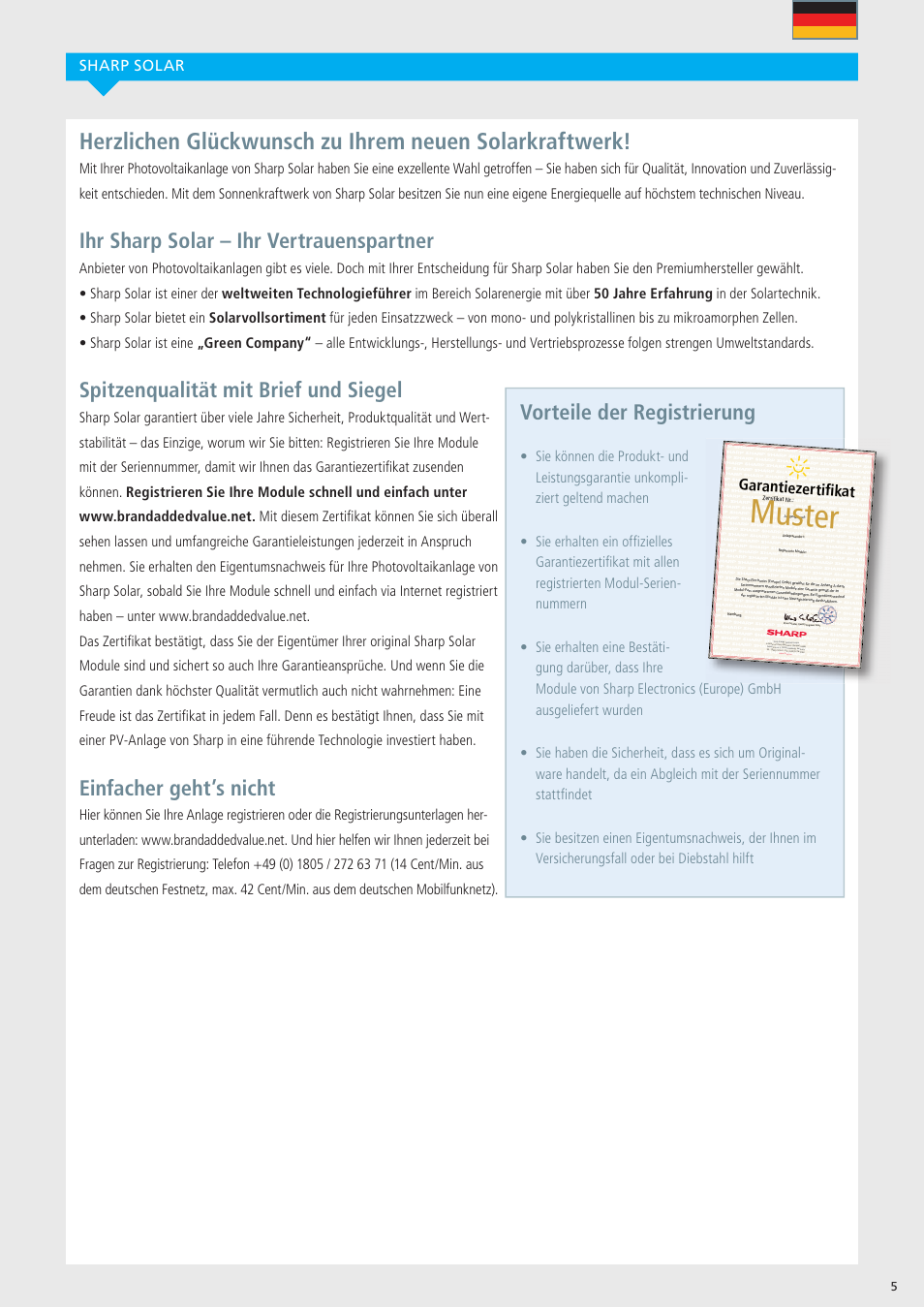 Muster, Ihr sharp solar – ihr vertrauenspartner, Spitzenqualität mit brief und siegel | Einfacher geht’s nicht, Vorteile der registrierung, Garantiezertiﬁkat, Sharp solar | Sharp ND-R250A5 User Manual | Page 5 / 40