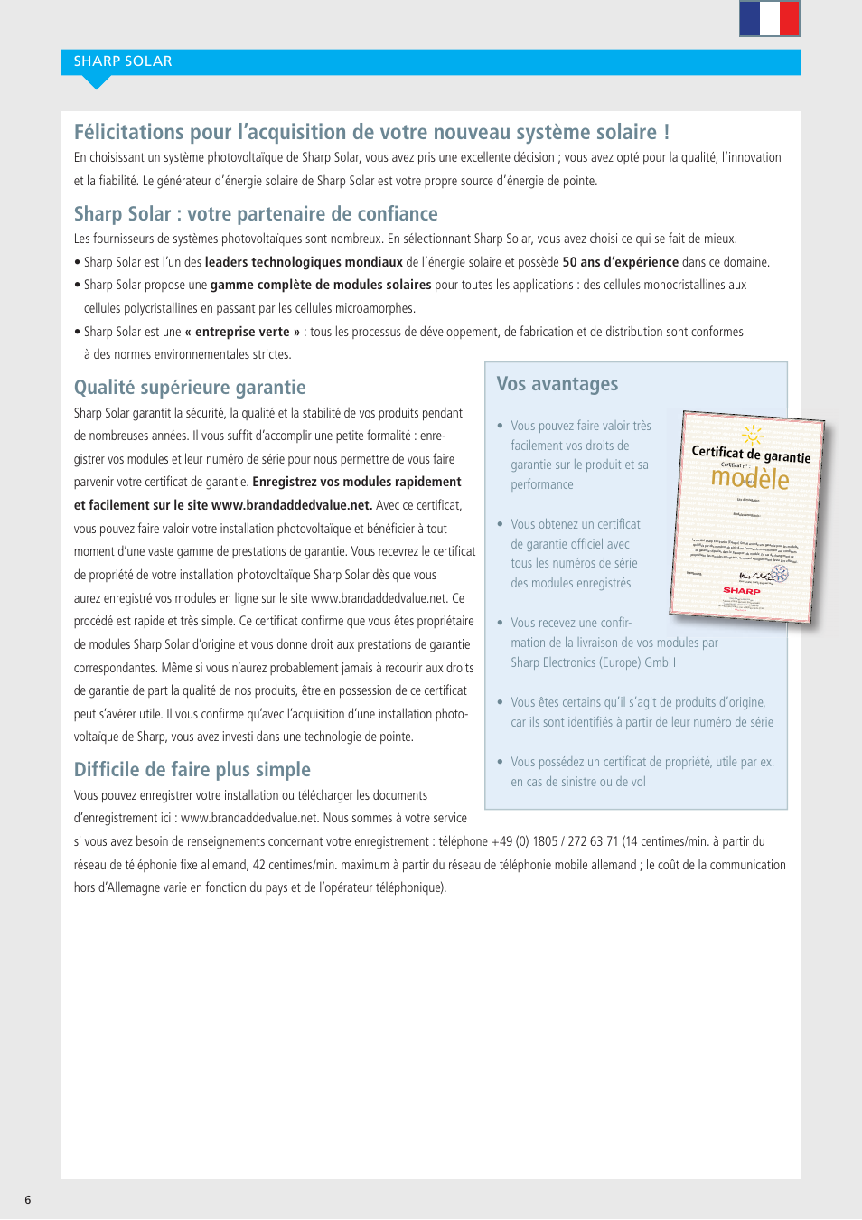 Modèle, Sharp solar : votre partenaire de conﬁ ance, Qualité supérieure garantie | Difﬁ cile de faire plus simple, Vos avantages, Sharp solar | Sharp ND-R250A5 User Manual | Page 6 / 40