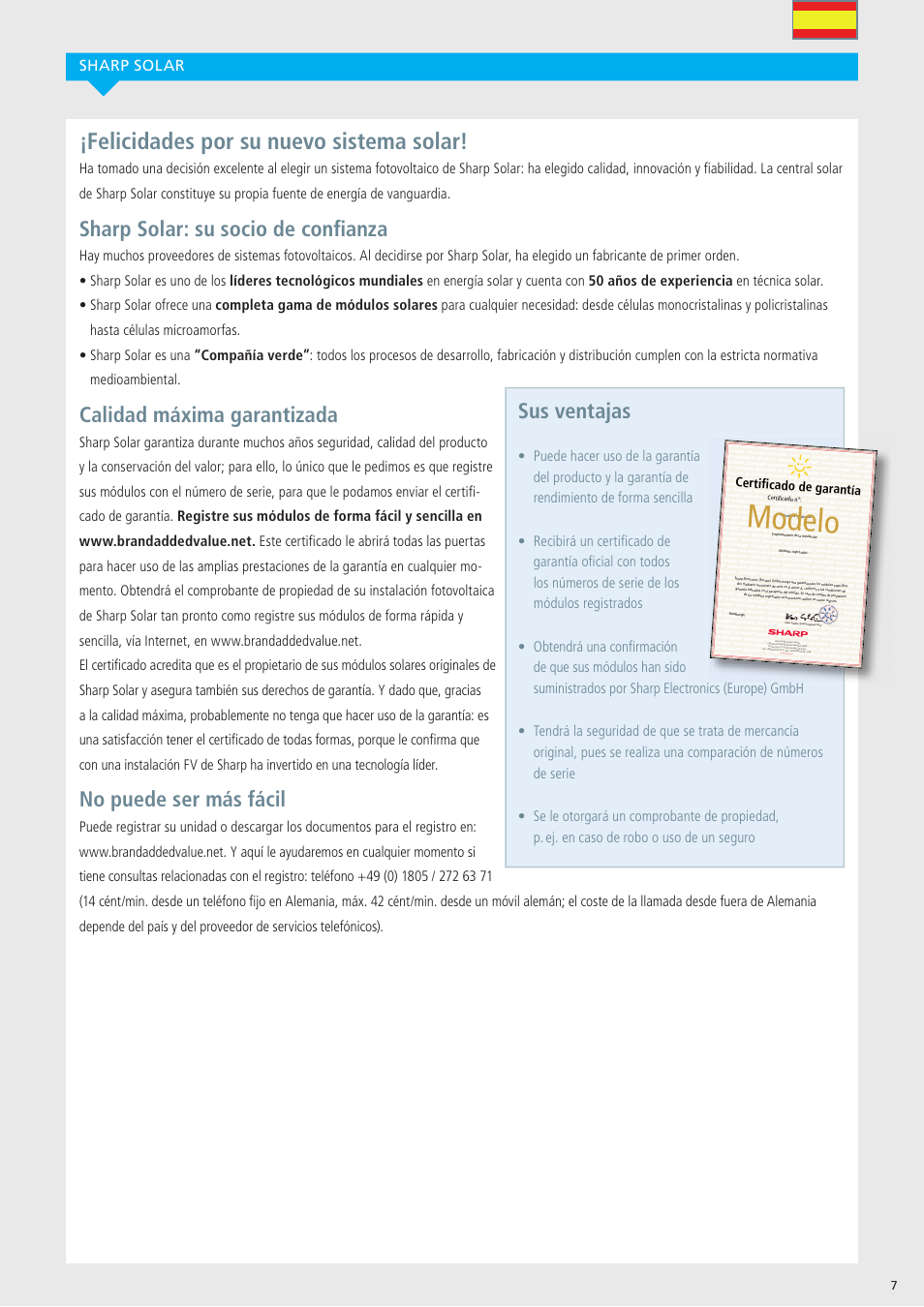 Modelo, Felicidades por su nuevo sistema solar, Sharp solar: su socio de conﬁ anza | Calidad máxima garantizada, No puede ser más fácil, Sus ventajas, Sharp solar | Sharp ND-R250A5 User Manual | Page 7 / 40