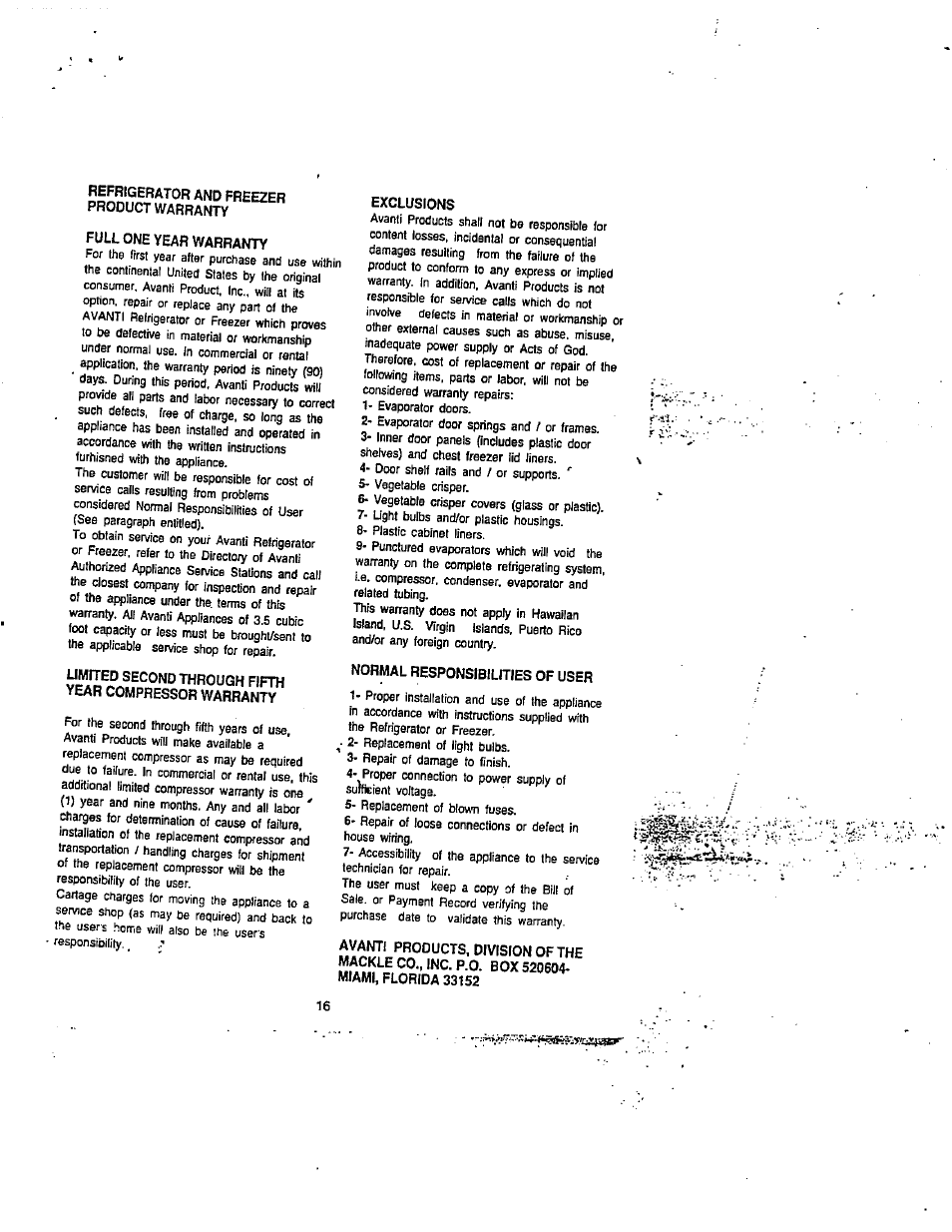 Refrigerator and freezer product warranty, Full one year warranty, Exclusions | Normal responsibilities of user | Avanti 494 VFYW User Manual | Page 17 / 17