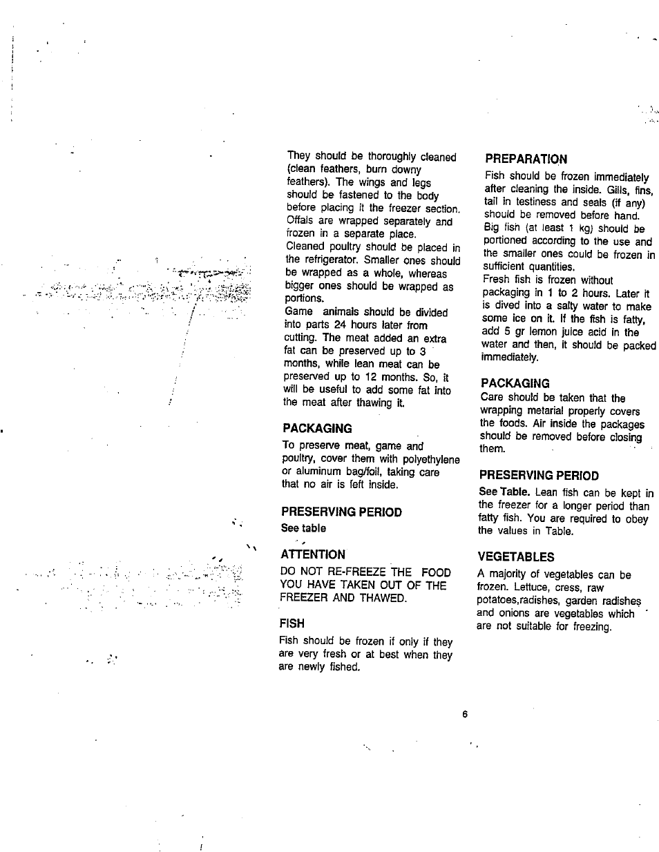 Packaging, Preserving period see table, Preserving period | Attention, Fish, Vegetables | Avanti 494 VFYW User Manual | Page 7 / 17