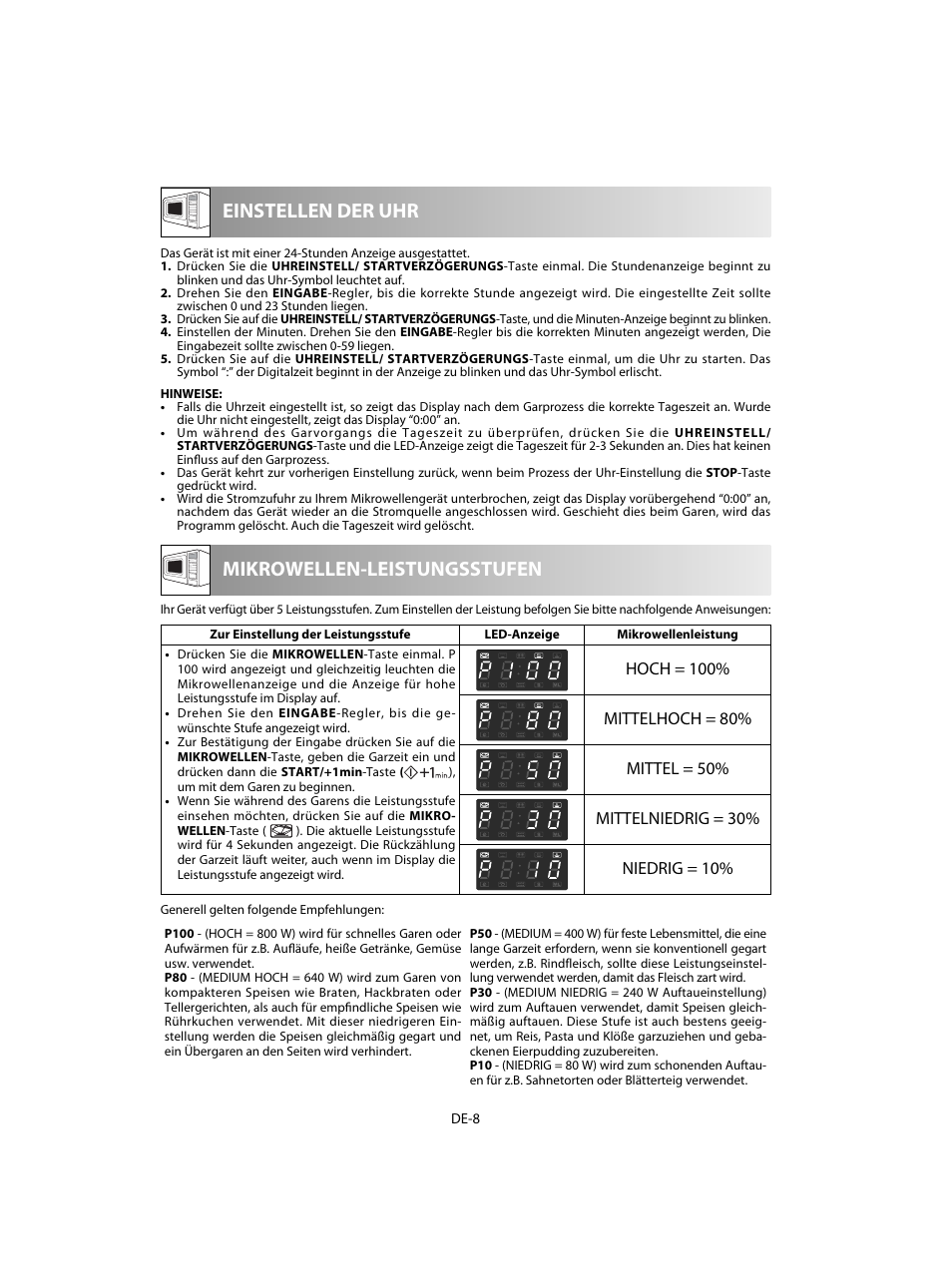 Mikrowellen-leistungsstufen einstellen der uhr | Sharp R-28STW Four à micro-ondes solo User Manual | Page 10 / 180